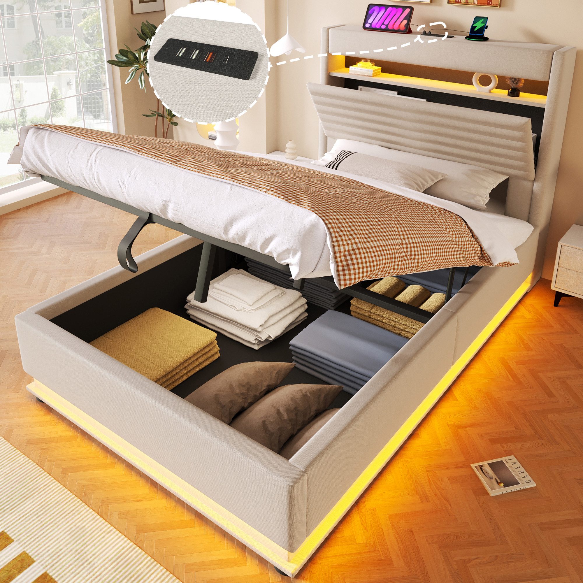 Merax Polsterbett mit LED-Beleuchtung und USB/Typ-C Ladefunktion (Leinenstoff, 1-tlg., Mehrzweckbett), Jugendbett 140x200cm mit hydraulischem Stauraum & Flip-Top-Staufach