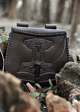 Battle Merchant Ritter-Kostüm Schwarze Gürteltasche mit Thorshammer-Prägung, aus Leder