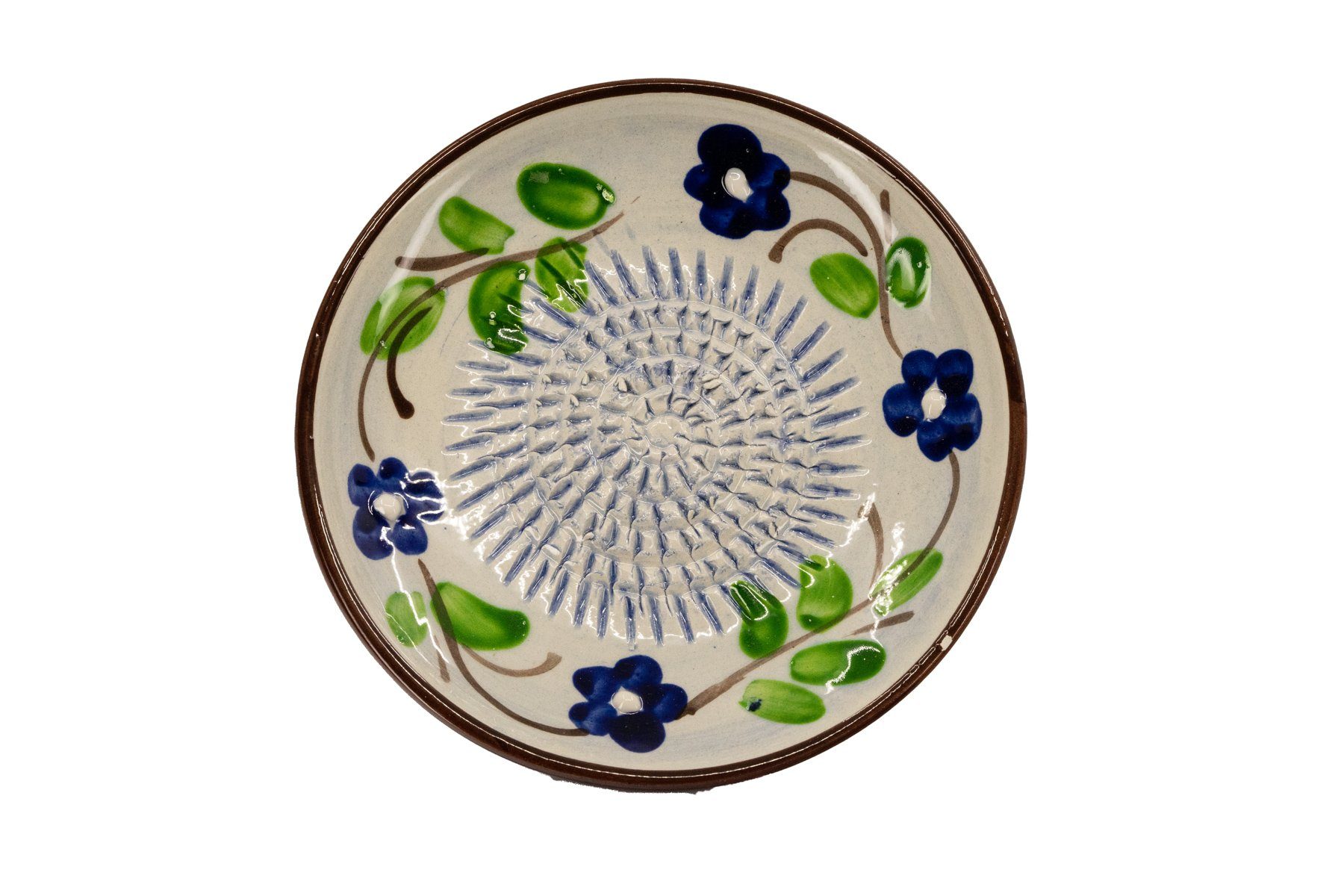 Reibeteller 12cm - in Spain Kaladia Blumen, mit Küchenreibe Multireibe braun handbemalte Keramik, Made in