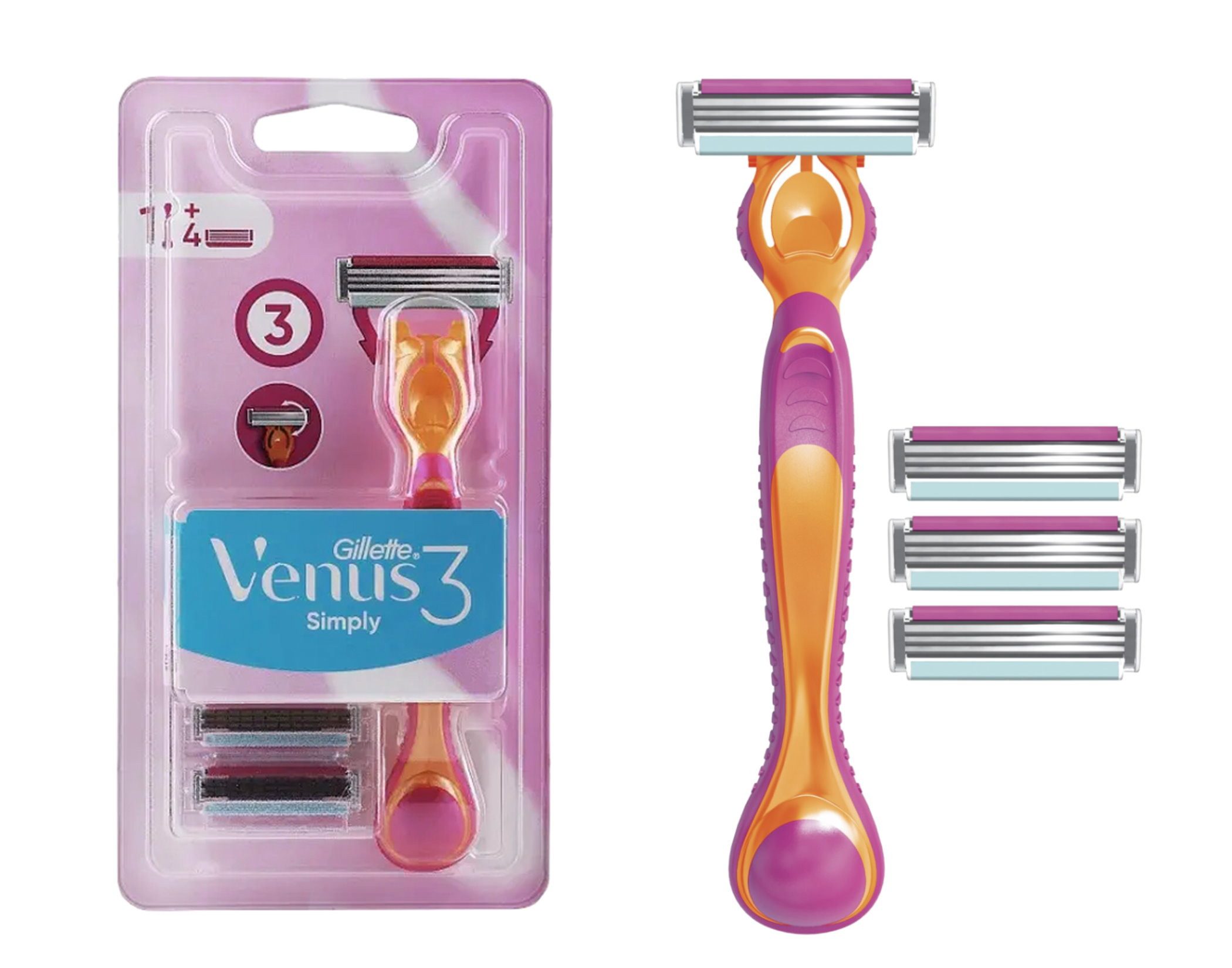 Gillette Venus Rasierklingen Venus 3 Simply, 5-tlg., Venus 3 Simply Damen Rasierer Nassrasierer Set