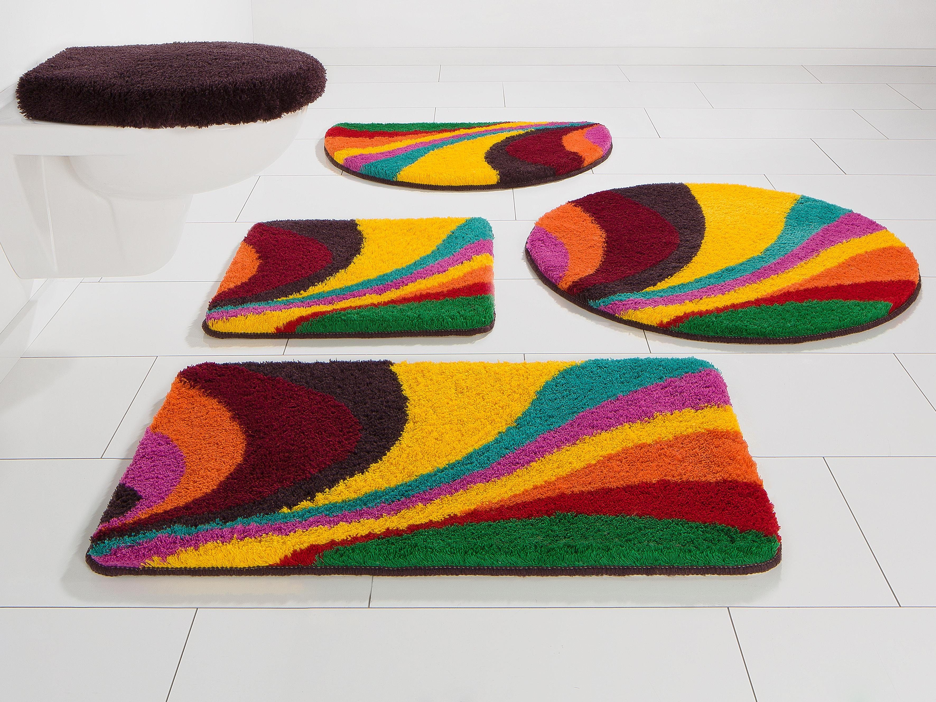 Bruno Banani Badematte Welle, Höhe 20 mm, rutschhemmend beschichtet, fußbodenheizungsgeeignet, strapazierfähig, Polyacryl, halbrund, bunt, Badteppich, Badematten auch als 3 teiliges Set & rund
