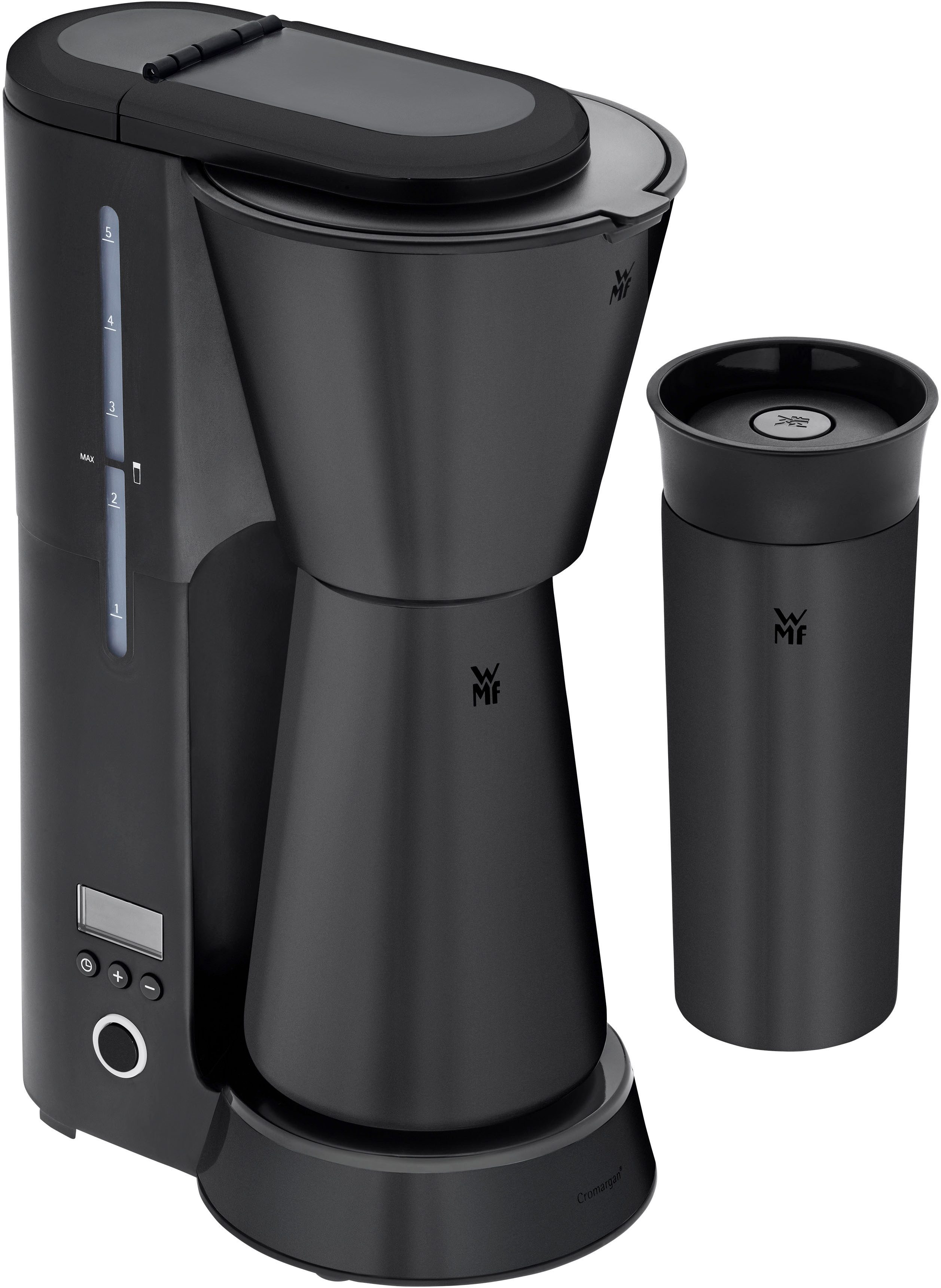 WMF Filterkaffeemaschine KÜCHENminis®, Aroma Thermo to go Deep Black, 0,625l Kaffeekanne, Papierfilter 1x2, Abschaltautom., Cromargan, inkl. Thermokanne und Thermo-Trinkbecher