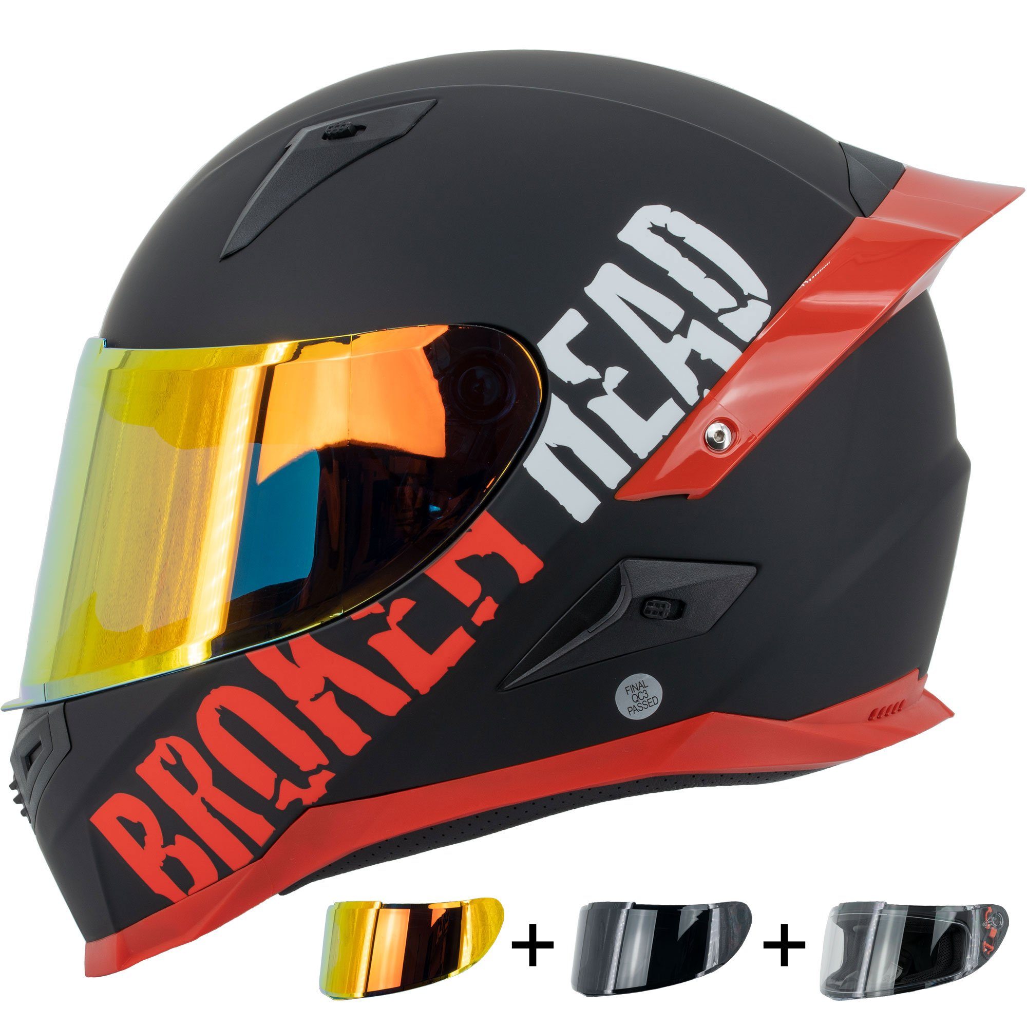 Broken Head Motorradhelm BeProud Pro Rot (LIMITED EDITION, mit schwarzem,  rot verspiegeltem und klarem Visier), inklusive 3 Visieren