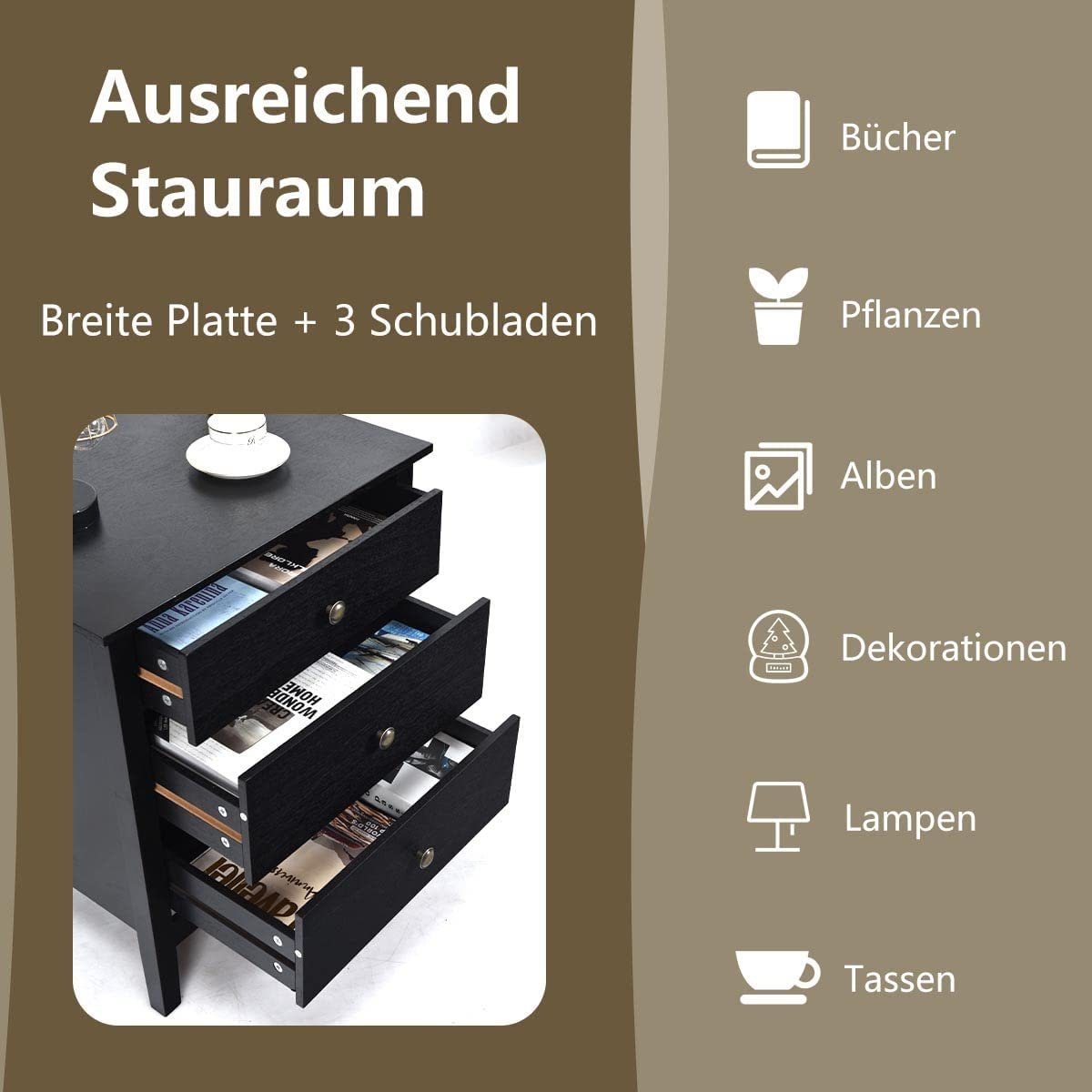 KOMFOTTEU Nachtschrank mit 3 Schubladen Nachtkommode günstig online kaufen