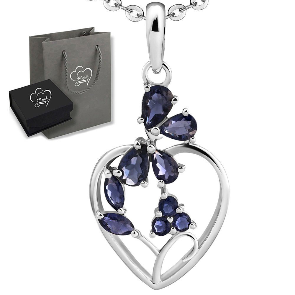 Limana Herzkette Florales Edelstein Herz Schmuck Damen 925 Silber Topas Iolith Geschenk (für Frau Mama Freundin, Silberschmuck inkl. Dose und Tasche), Geburtstag Jahrestag Hochzeitstag Weihnachten Muttertag Valentinstag