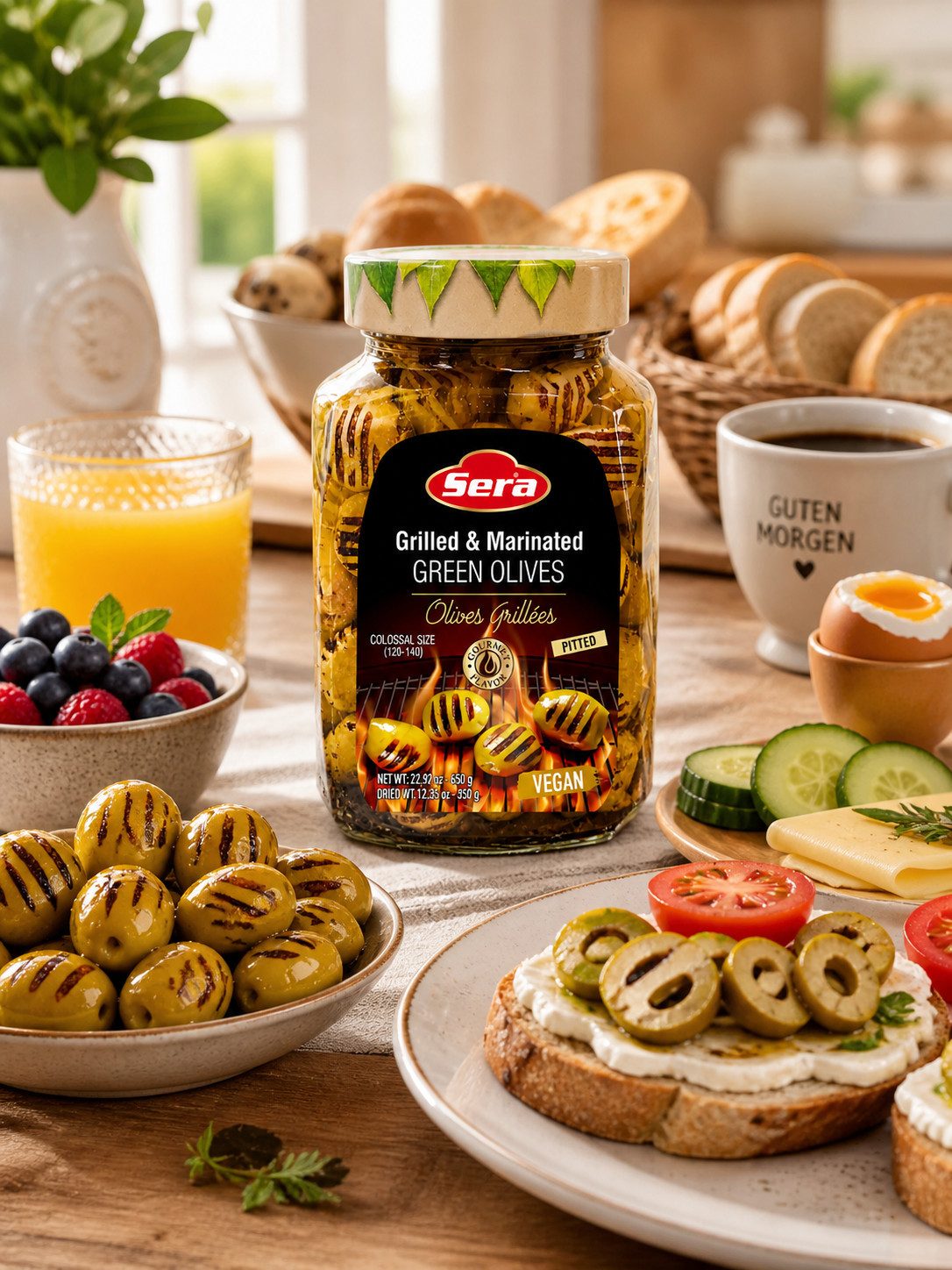 SERA FOOD Antipasti Sera Gegrillte Grüne Oliven Colossal 350g, 1 x 350 g, Colossal Oliven, Auf offener Flamme gegrillt, Rauchiges Aroma