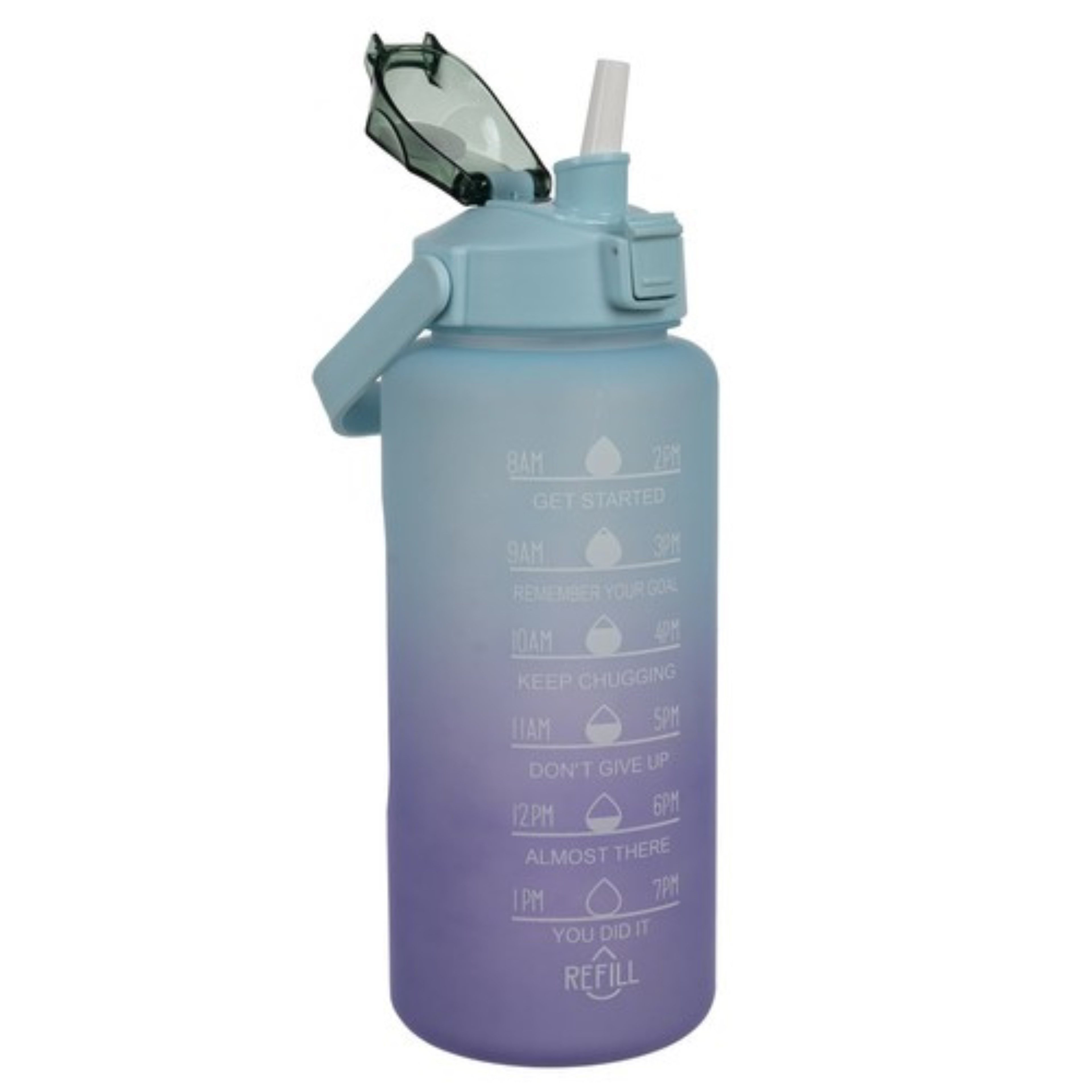 Trizand Trinkflasche Motivationswasserflasche 2L lila-blau BPA-frei mit Tragegriff, 2L Motivationsflasche, auslaufsicher, mit Zeit- & Mengenmarkierung
