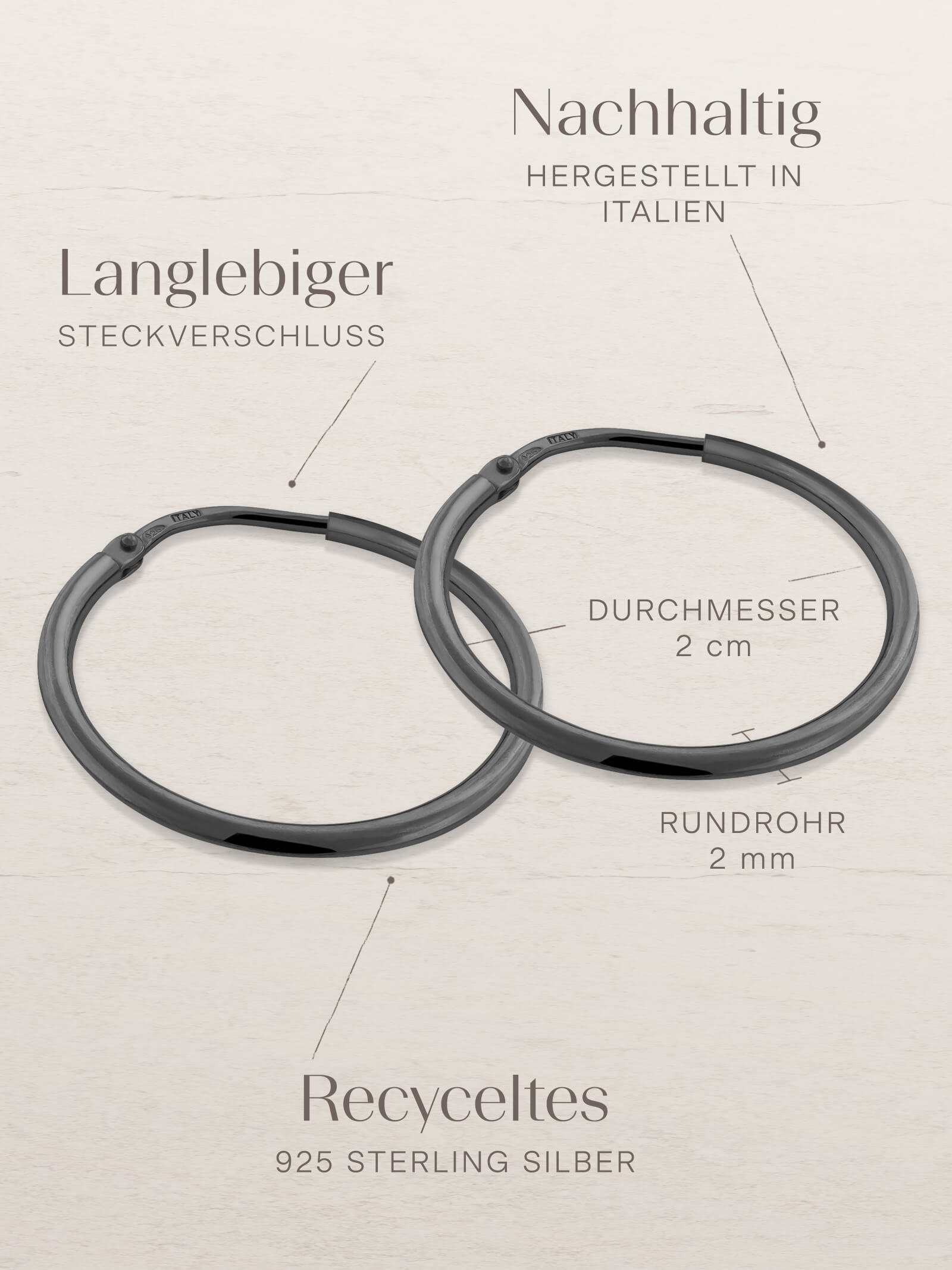 Schwarz 2cm, Silber ORBIT Kreis Paar Creolen modabilé Rhodiniert, Ohrringe Kreolen kreisförmig, rund 20mm 925, Damen