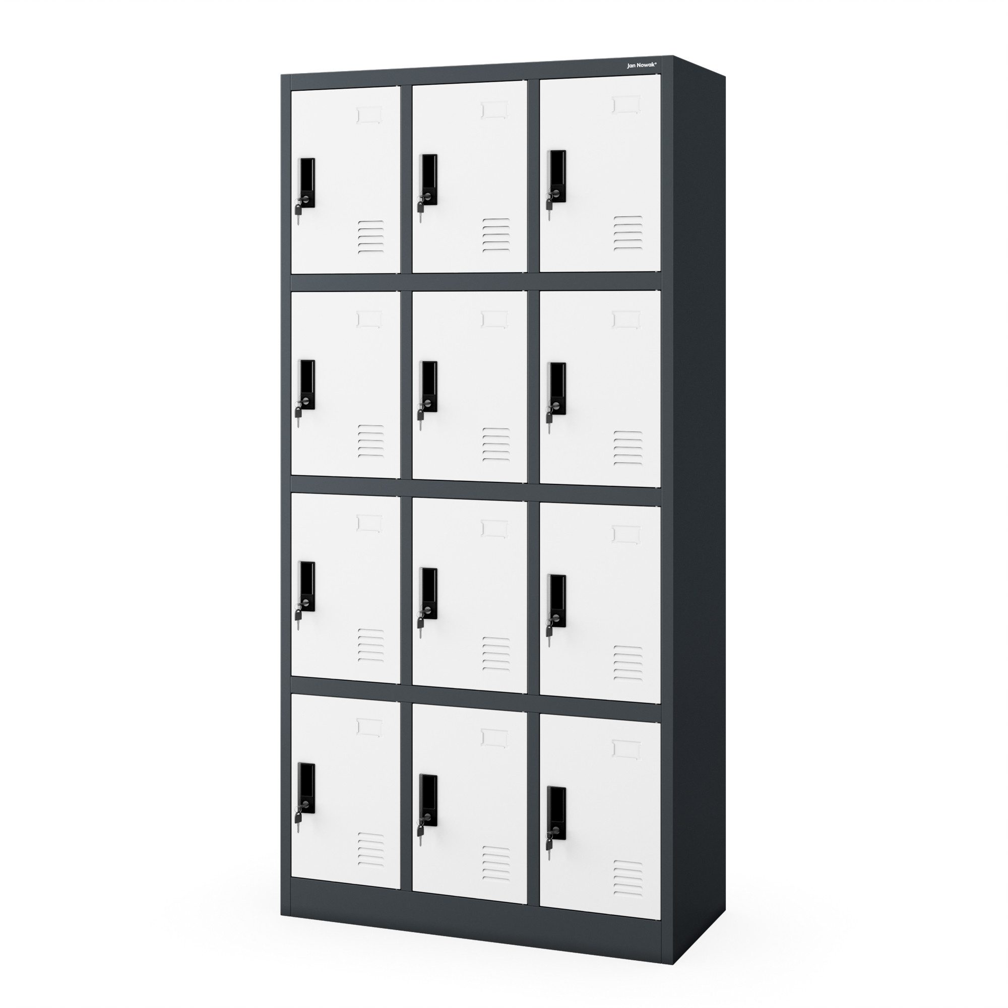 Jan Nowak Mehrzweckschrank Metall Schließfachschrank 90 cm MARCIN 12 Fächer abschließbar (0,6 mm 185 x 90 x 40 cm Lüftungsschlitze Wandmontage PZH) Spind Garderobenschrank Schloss je Fach 185 cm hoch 8 Farben