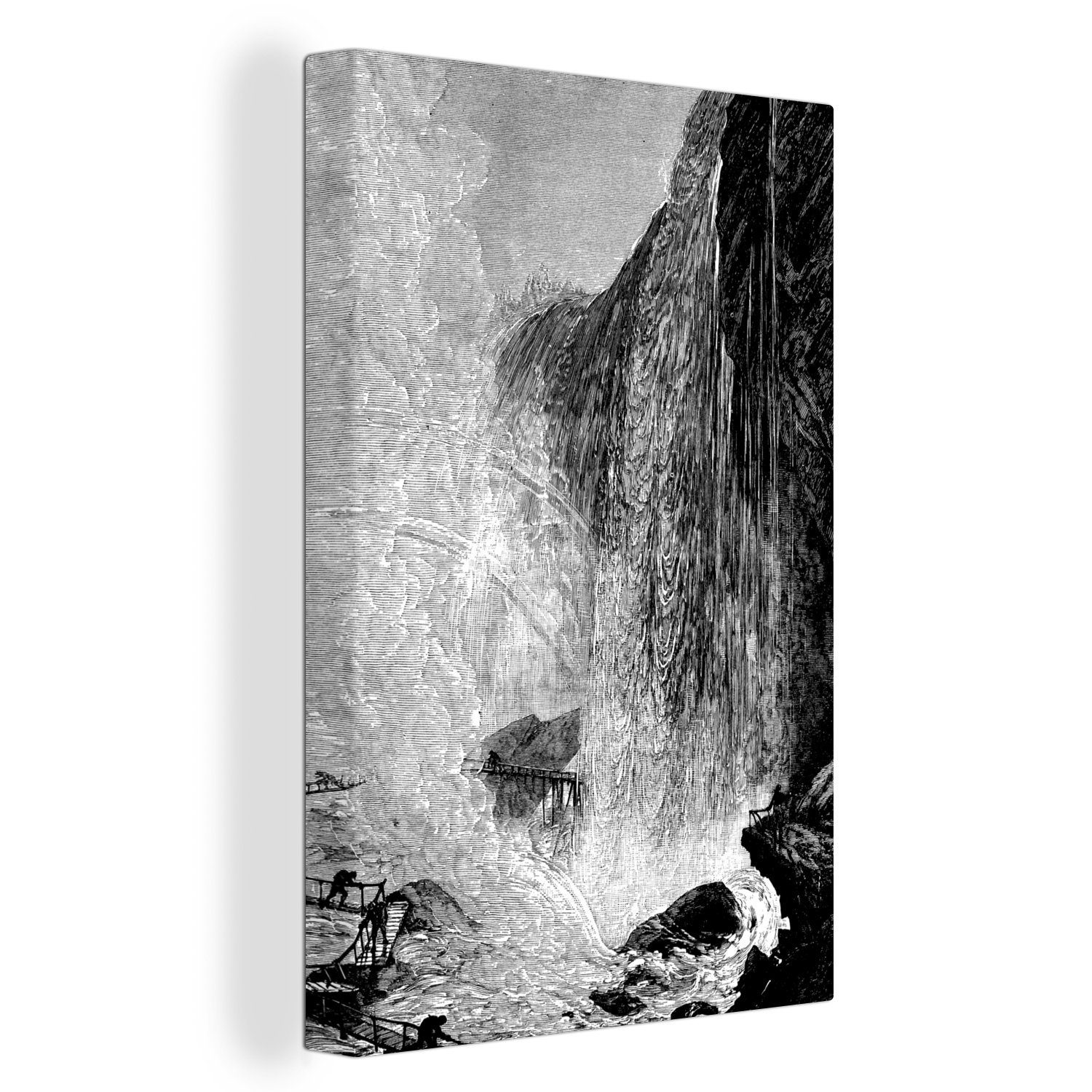 OneMillionCanvasses® Leinwandbild Antike Illustration der Niagarafälle in Schwarz und Weiß, (1 St), Leinwandbild fertig bespannt inkl. Zackenaufhänger, Gemälde, 20x30 cm