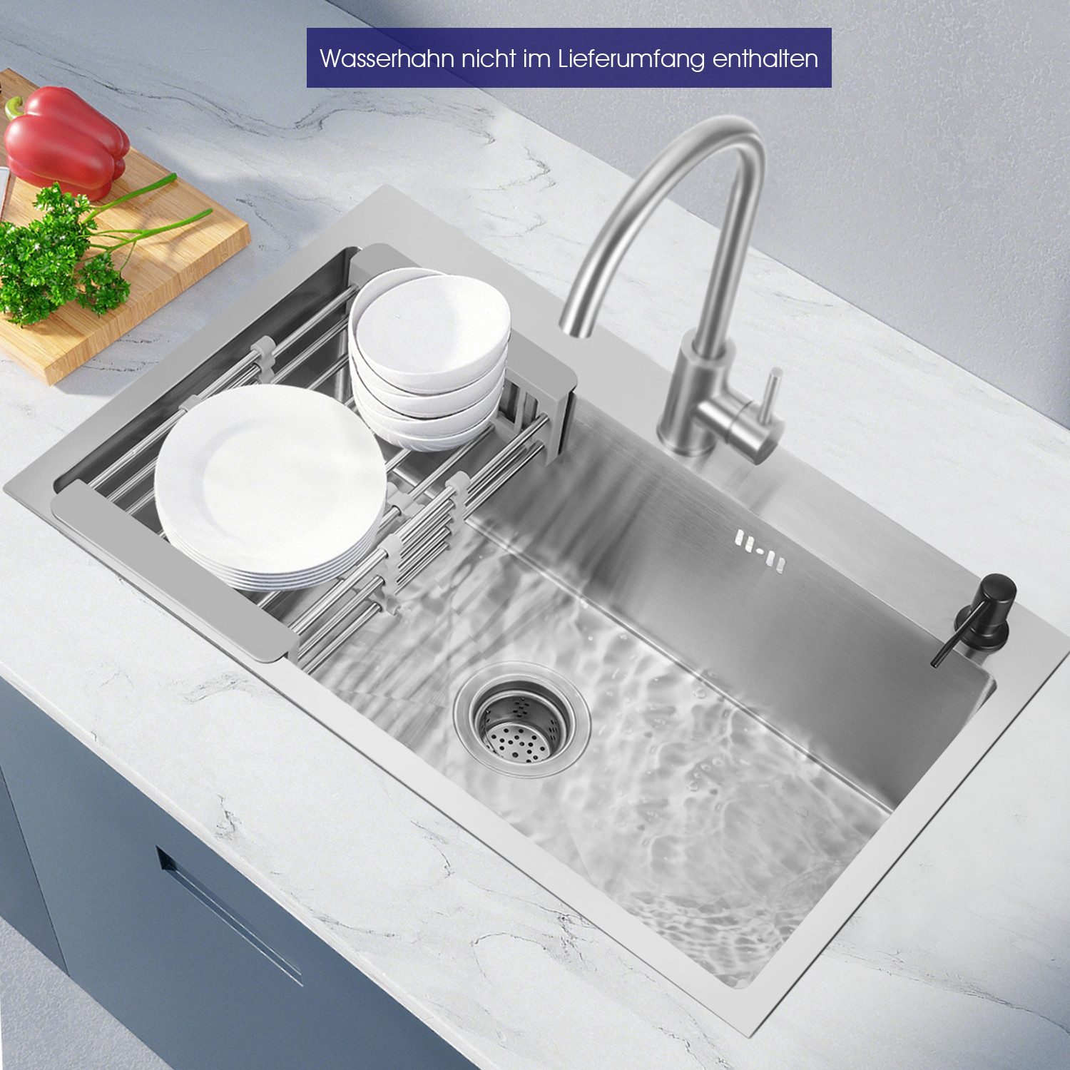 LOVONLIVE Küchenspüle Edelstahlspüle, Küchenspüle mit Klappsieb, Küchenspülenset, 68/45 cm, Mehrere Kits, (Komplett-Set), 68 x 45 cm,Seifenspender, Filter, Siphon-Waschbecken, Überlaufgarnitur