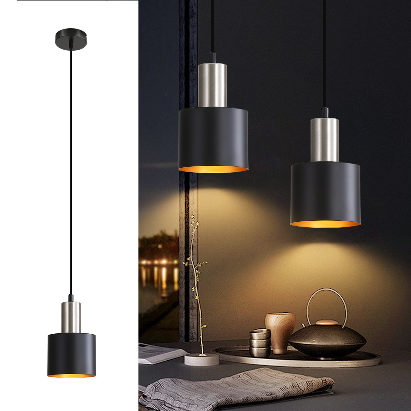 ZMH Pendelleuchte Esszimmer 1 Flammig E27 Schwarz-Gold Hängeleuchte Nachtti günstig online kaufen