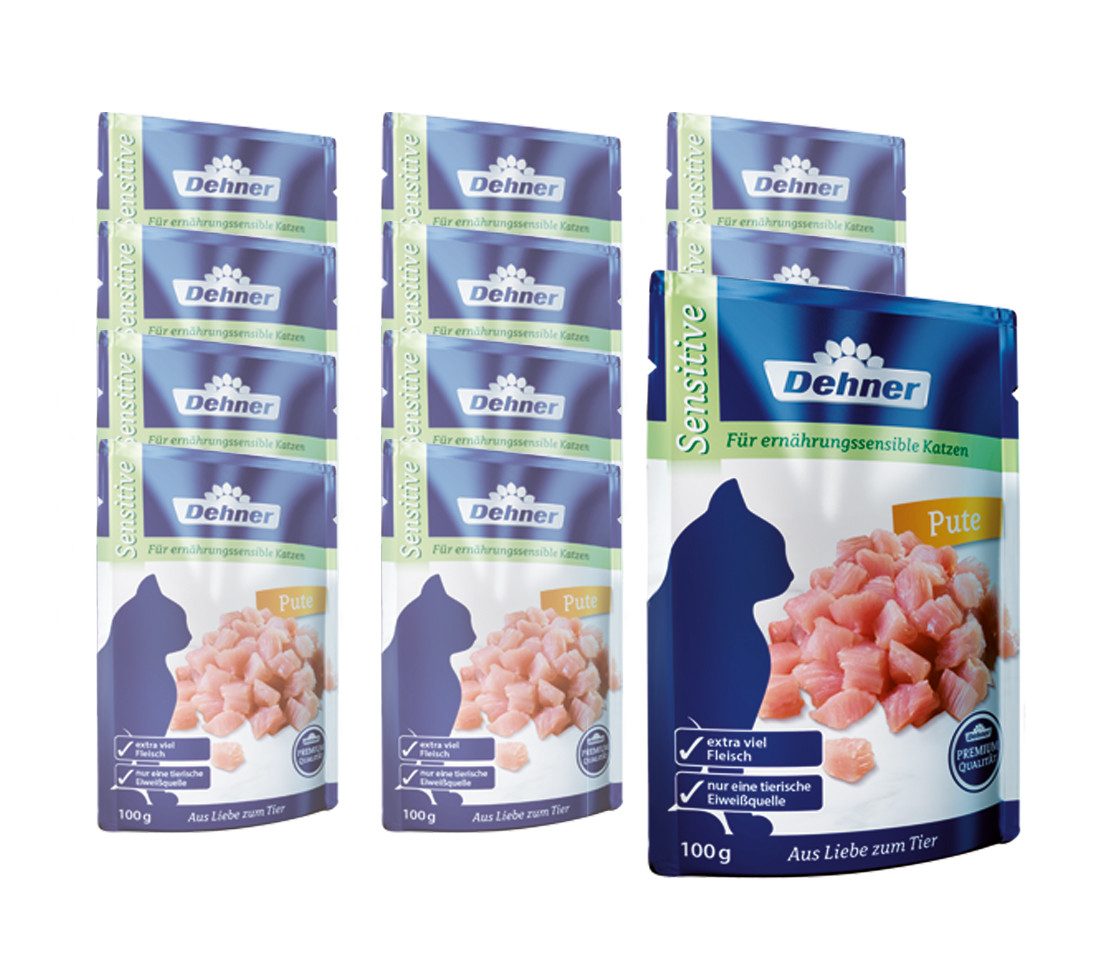 Dehner Premium Adult, Sensitive, versch. Sorten, 12 x 100 g Beutel Pute, Nassfutter für: Katze, Nassfutter für ausgewachsene, sensible Katzen