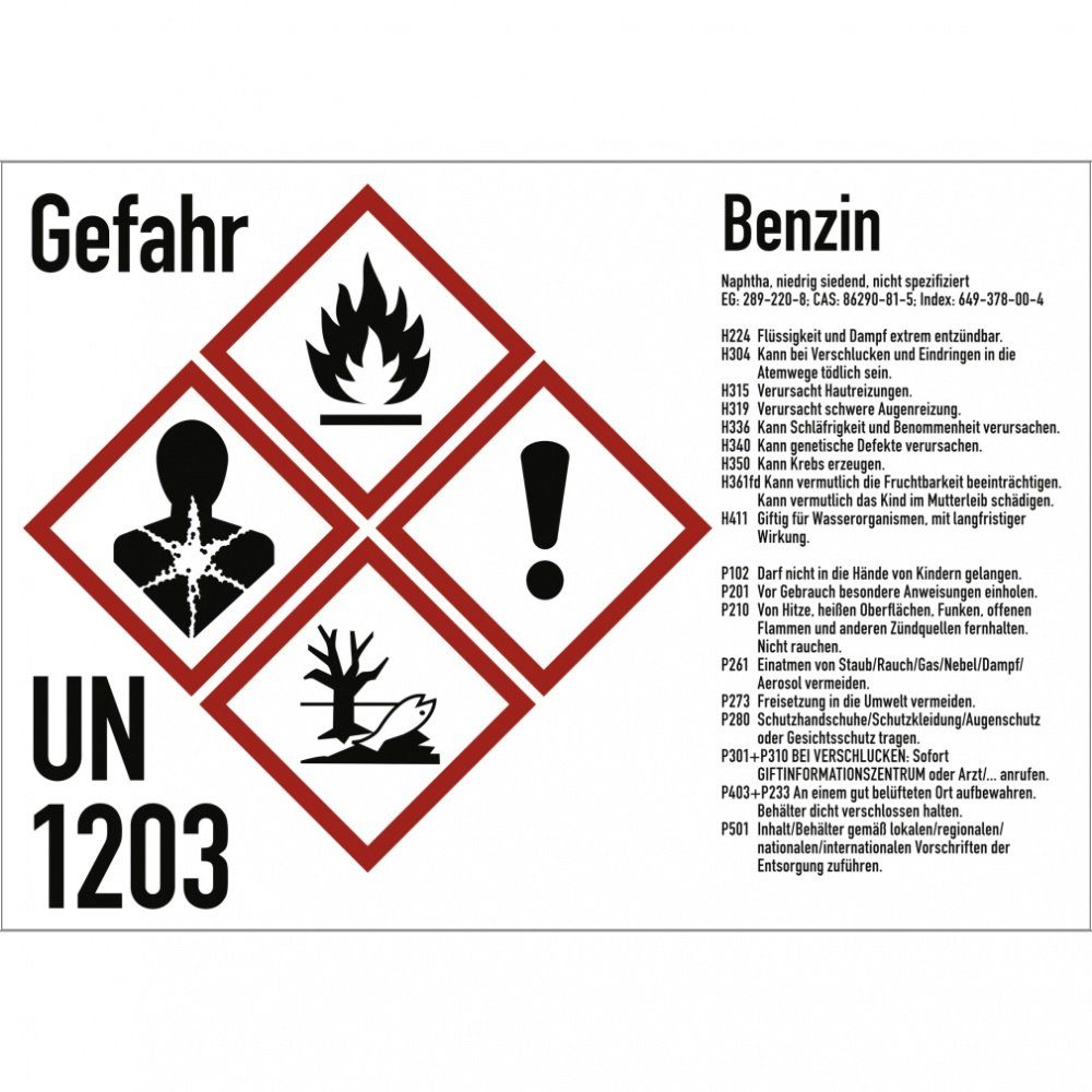 Hinweisschild Gefahrstoffkennzeichnung Benzin, Kombischild, GHS