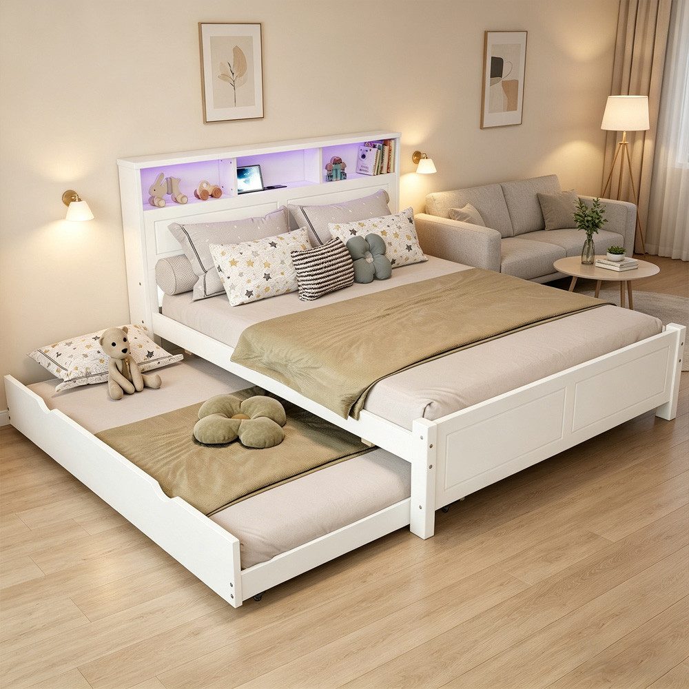 REDOM Holzbett mit Ausziehbett, Ladebuchse & LED-Umgebungslicht (Kinderbett, Familien-Spleißbett, Kopfteil-Aufbewahrung, 120x200 & 90x190 cm, für Gäste und Kinderzimmer), ohne Matratze