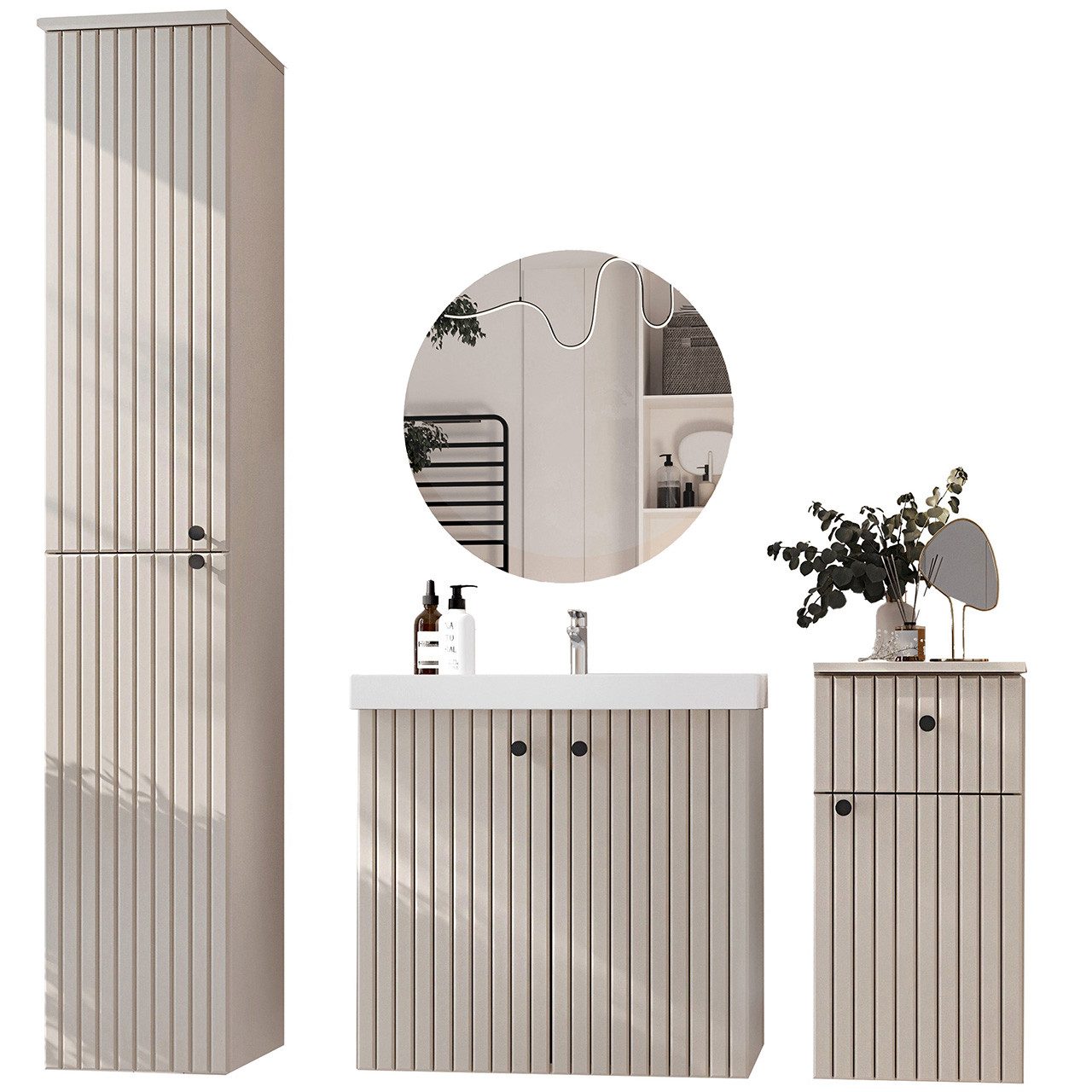 MOEBLINE Badezimmer-Set Badmöbel Set ASTRO kaschmir 4tlg. mit Spiegel LAMEL günstig online kaufen