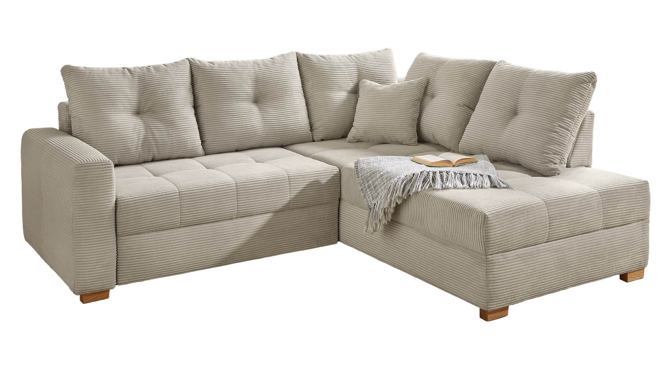 Massivart® Ecksofa HEIDELBERG / Bettkasten, Holzfüße grau-beige Bettfunktion, 228 cm, Cordsofa, in Cordbezug