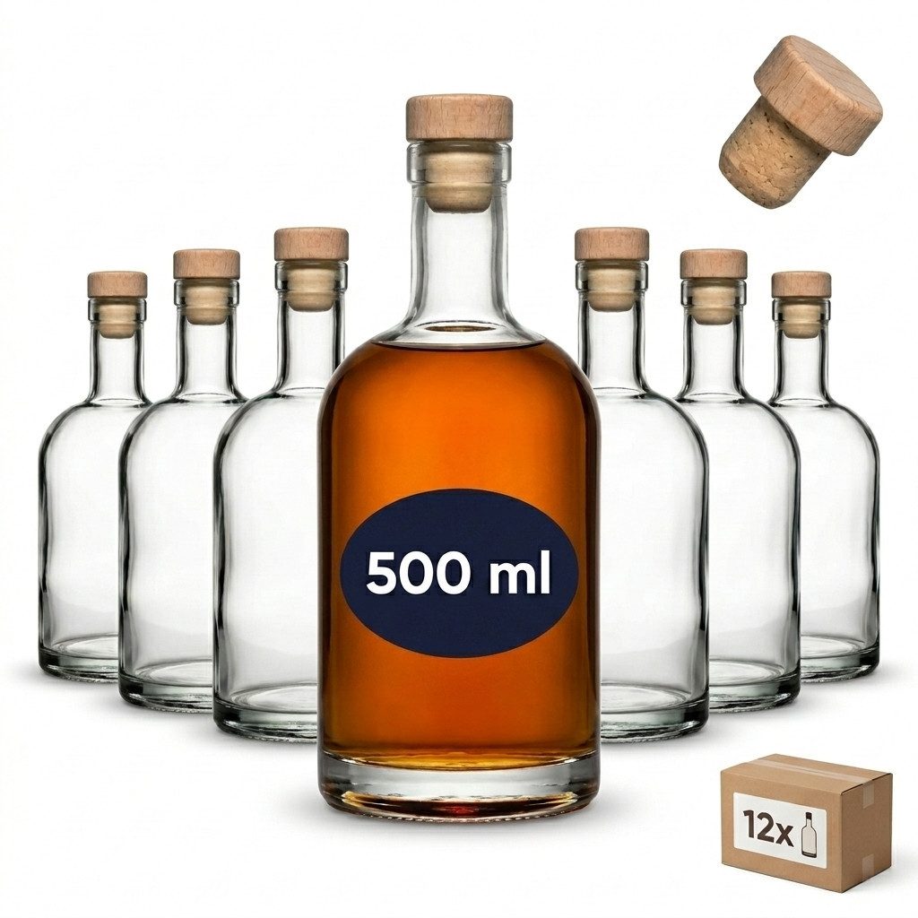 gouveo Trinkflasche Glasflaschen “Klassik” mit Korken - Runde Flasche aus Glas, 12er Set 500ml, transparent, Holzgriffkorken