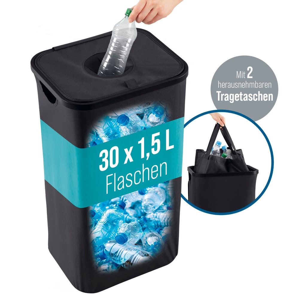WELLENBORG Flaschensammler Pfandflaschen-Sammelbehälter mit Deckel 100L, Schwarz, Inklusive 2 Tragetaschen & Klettverschluss, Leergutbehälter