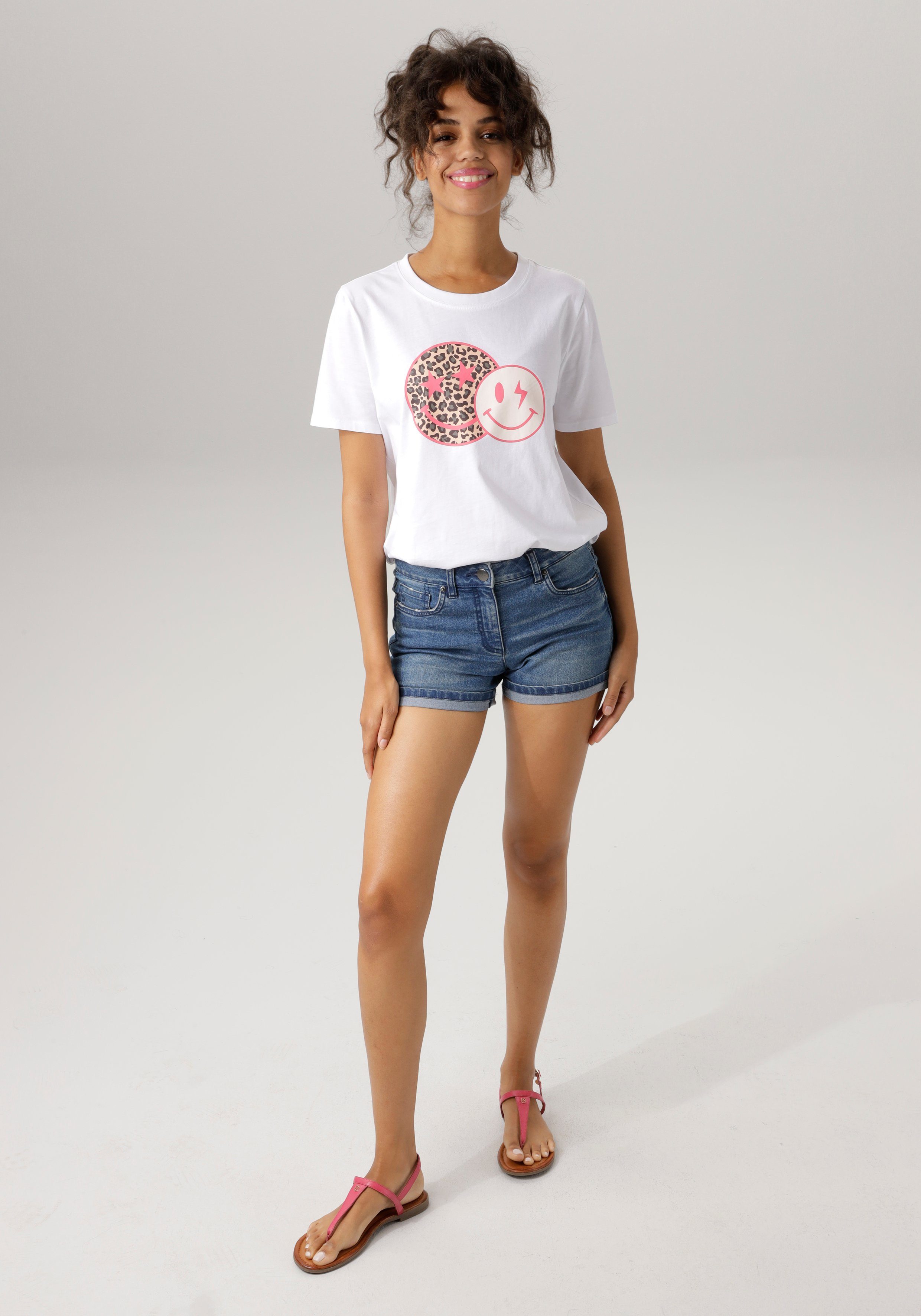 mit coolen CASUAL T-Shirt Aniston weiß-pink-beige-schwarz-grau bedruckt Smileys