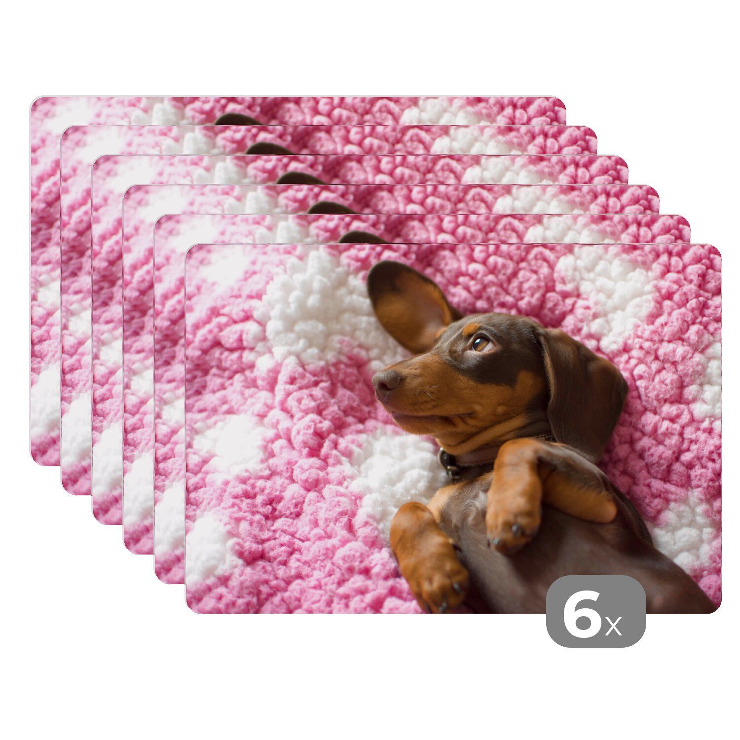 Platzset, Ein Dackelwelpe auf einer rosa Decke, MuchoWow, (6-St), Platzset, Platzdecken, Platzmatte, Tischmatten, Schmutzabweisend