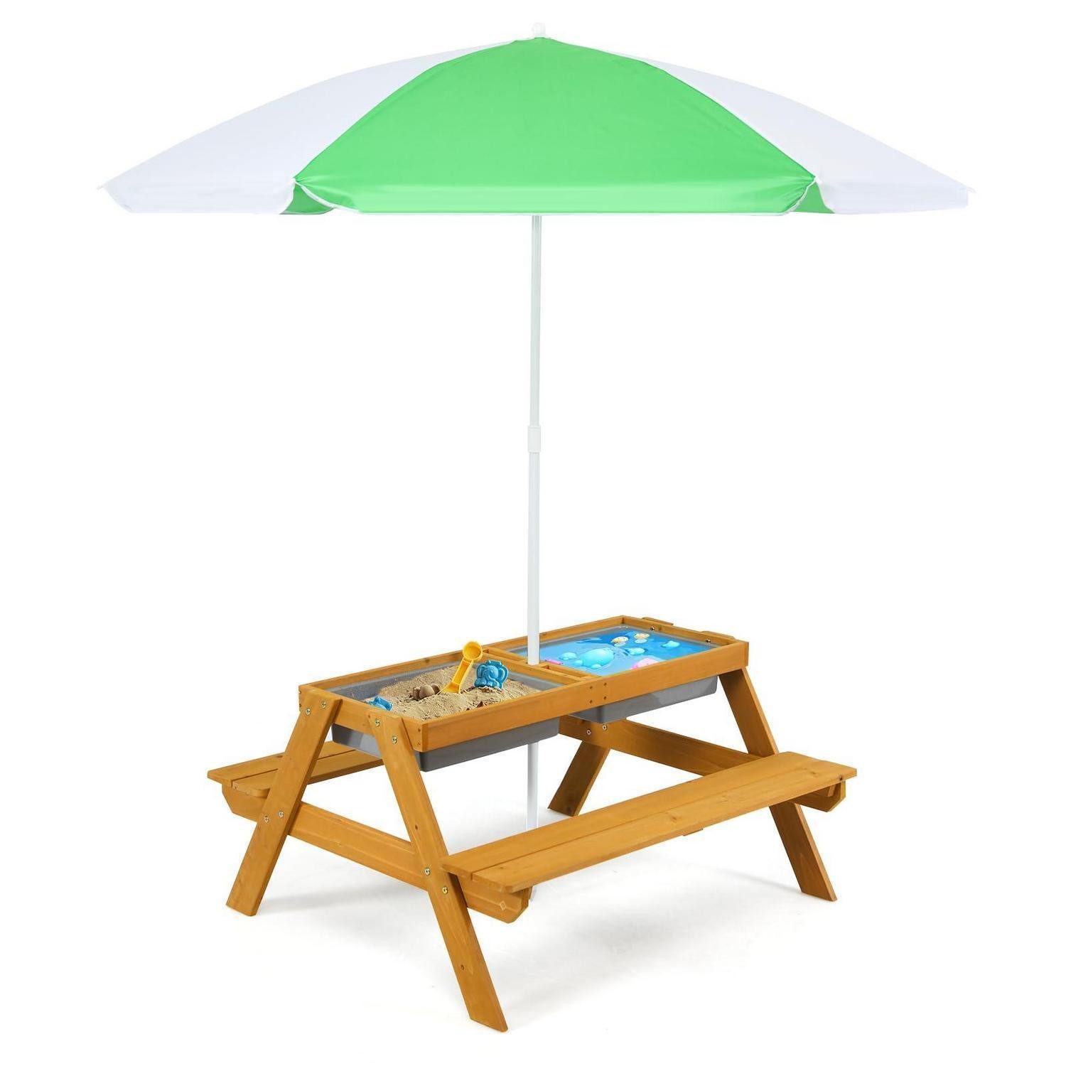 LuxusKollektion Garten-Kindersitzgruppe Kindersitzgruppe Tannenholz mit Sonnenschirm Weiß+Grün