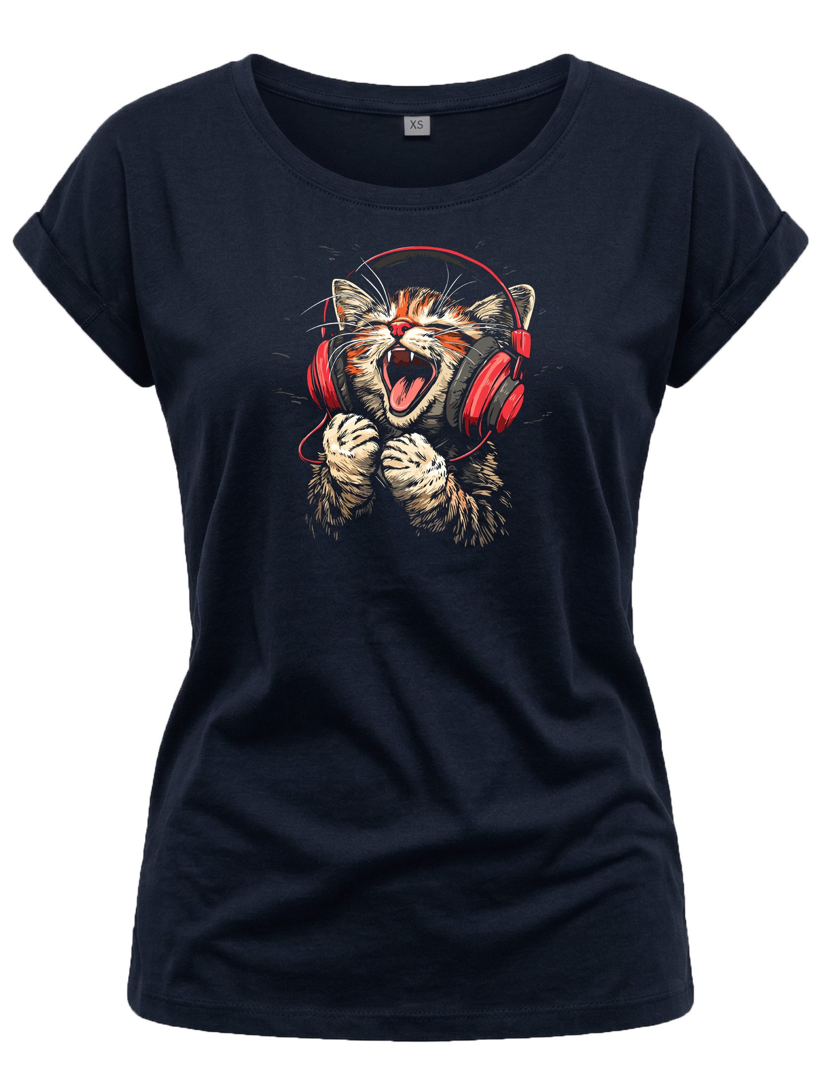T-Shirt Lustiges Katzenshirt für Damen – Musik Katze mit Kopfhörern