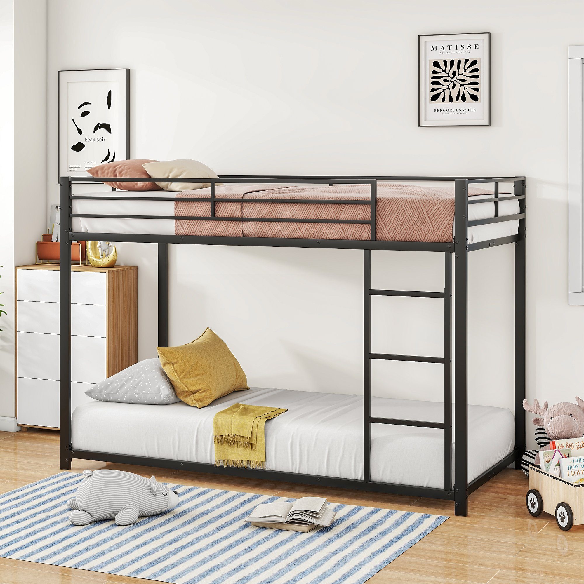 Flieks Etagenbett, Kinderbett Metallbett Einzelbett mit Lattenrost und Leiter 90x200cm schwarz