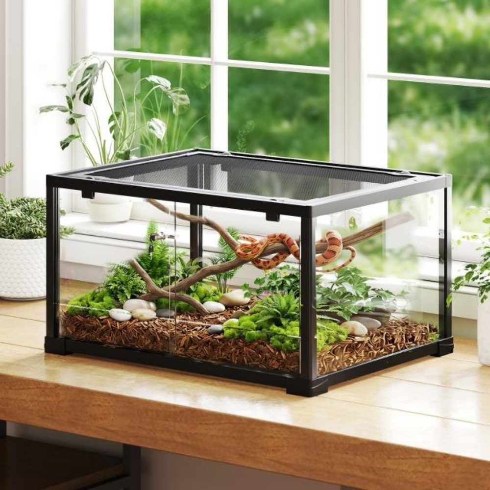 LVHOM Terrarium Glas mit Schiebetüren, belüfteter Maschendach-Abdeckung, 60x3x45 cm, Optimale Belüftung, UV-Durchlässigkeit, Wüsten-/Regenwaldlandschaften