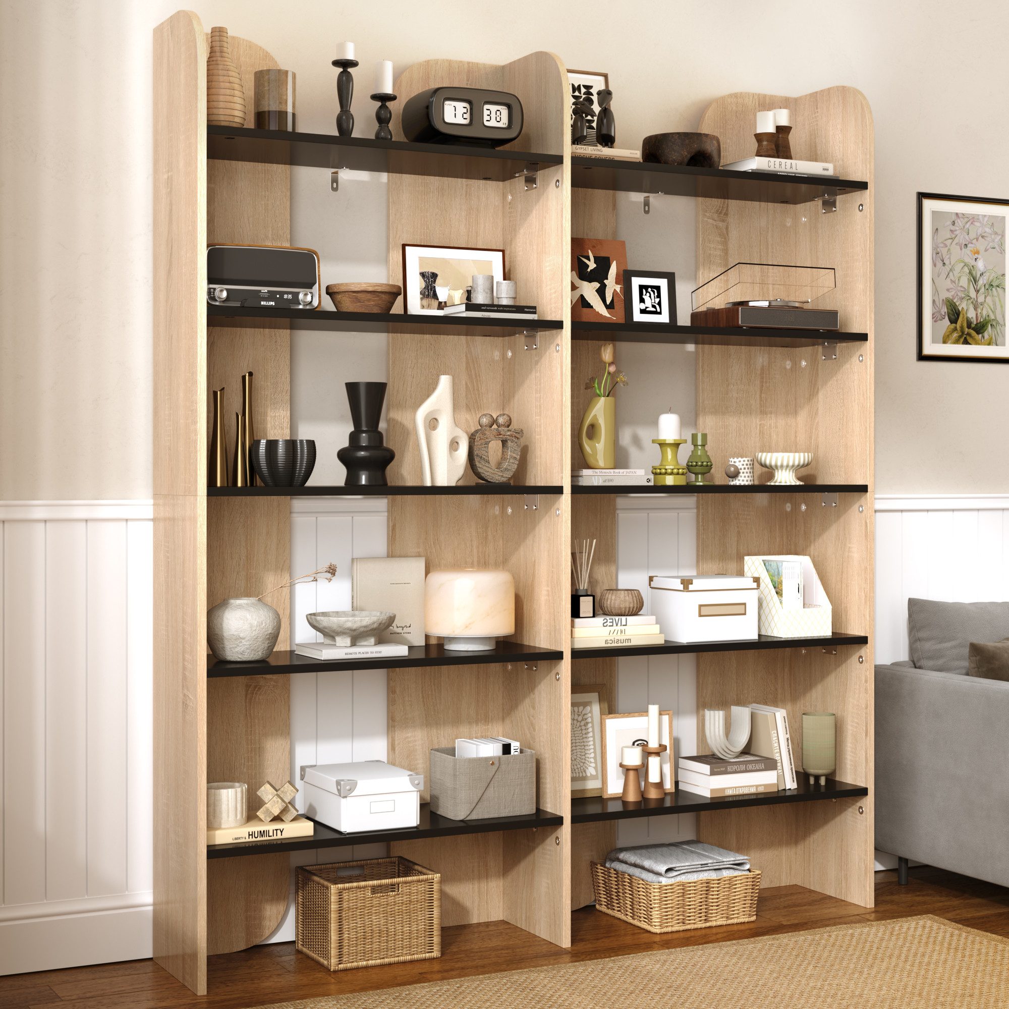 Flieks Bücherregal Standregal Büroregal, 12 offene Fächern, B135/H160/T25 cm 1-tlg., Bücherschrank mit 12 Ebenen Ablageregal Natur, Anti-Kipp-Vorrichtung