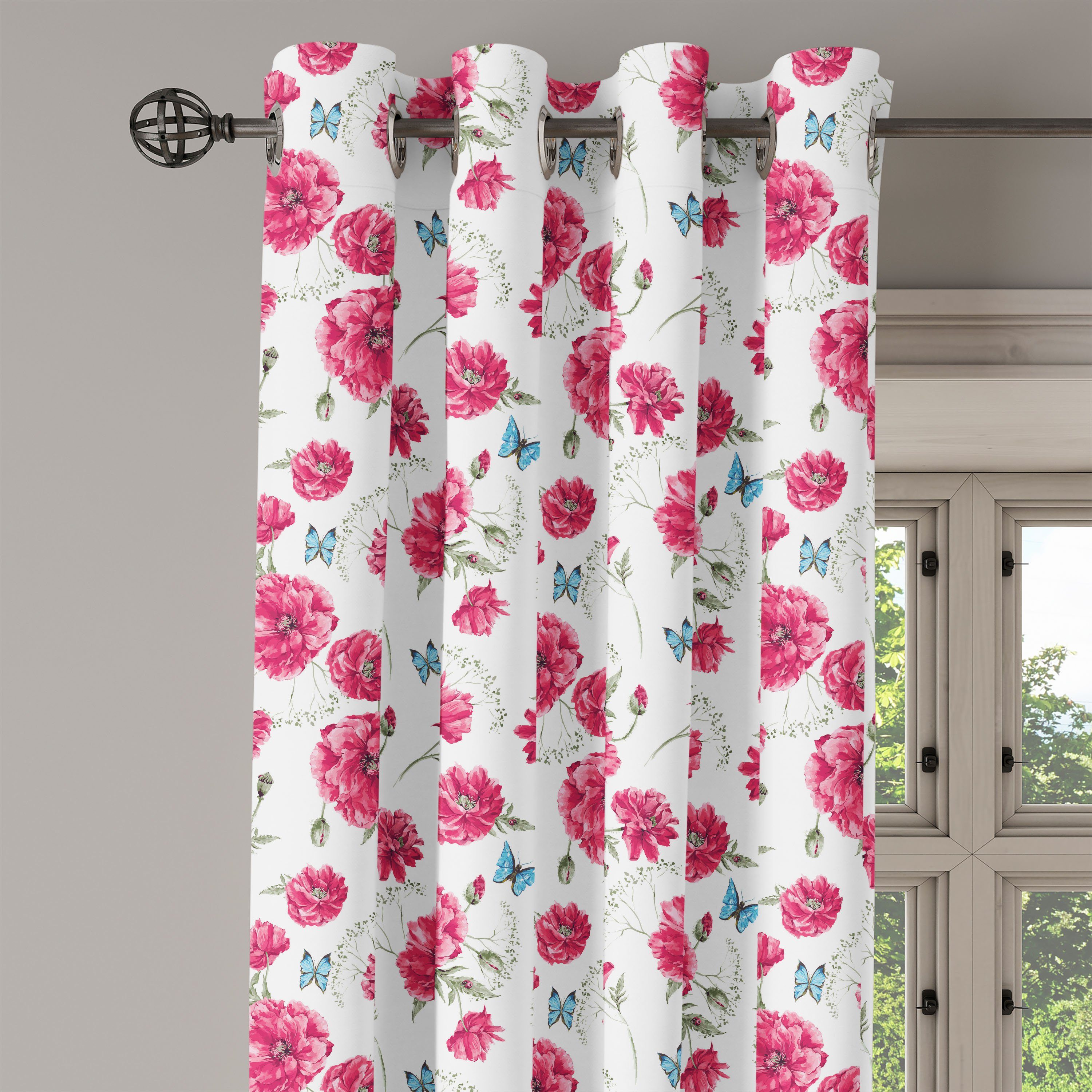 Flora für Schlafzimmer Gardine Poppy Abakuhaus, Wohnzimmer, Blüten Schmetterling 2-Panel-Fenstervorhänge Dekorative