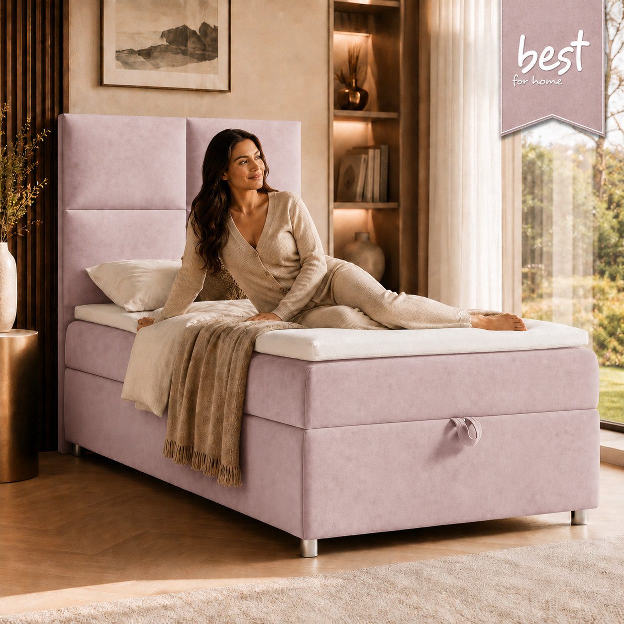 Best for Home Boxspringbett Trinity K-2 mit Bettkasten & Topper – Komfort & Stauraum (Einzelbett, Hotelbett, Polsterbett gepolstertes Kopfteil, Jugendbett, Kinderbett versch. Größen, 1-St., 70x200 80x200 90x200 100x200 cm), Einzel-Boxspringbett mit integriertem Stauraum, gepolstertem Kopfteil