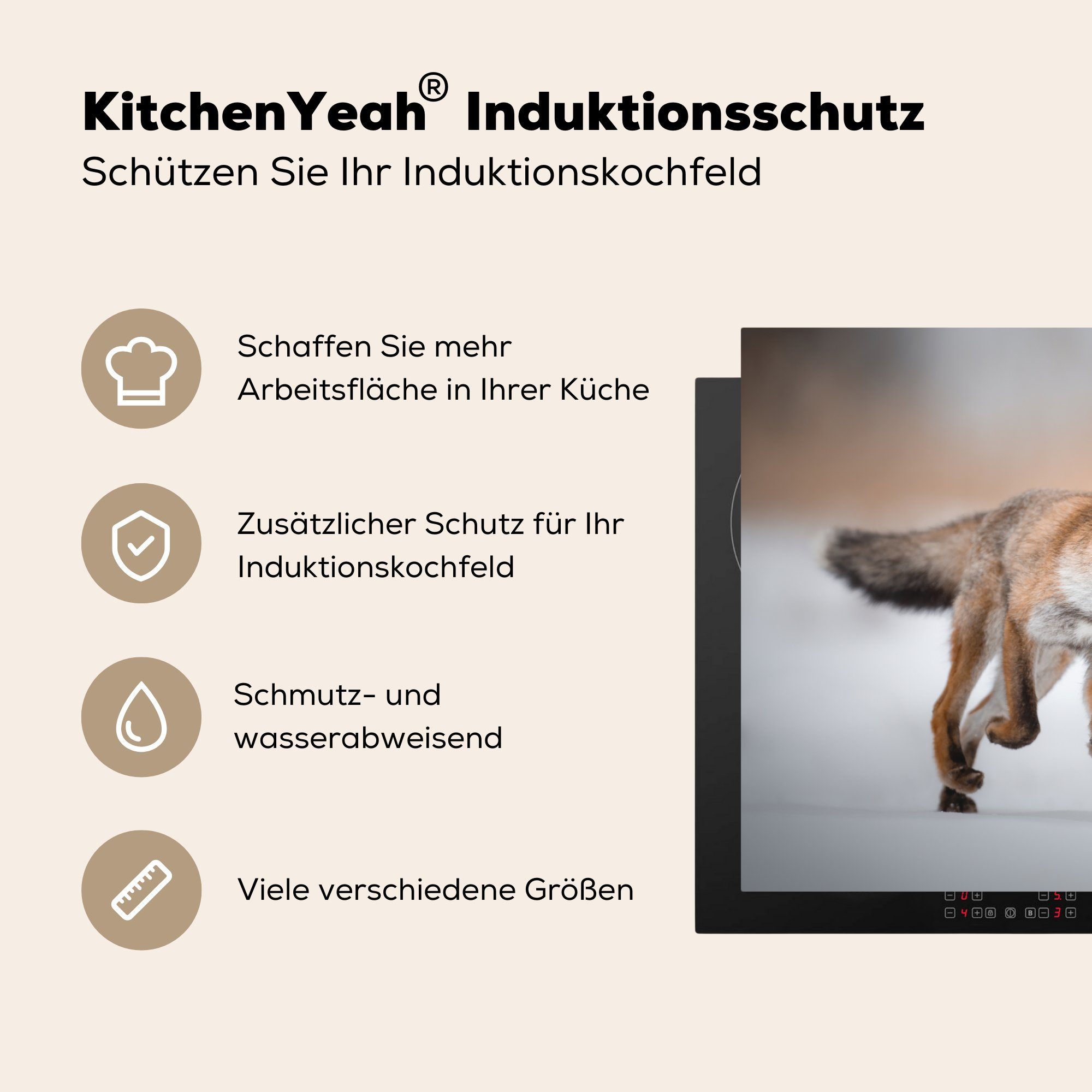 Jagd küche, - 81x52 Herdblende-/Abdeckplatte Vinyl, Schutz Fuchs Ceranfeldabdeckung Induktionskochfeld (1 die Schnee, MuchoWow für tlg), - cm,