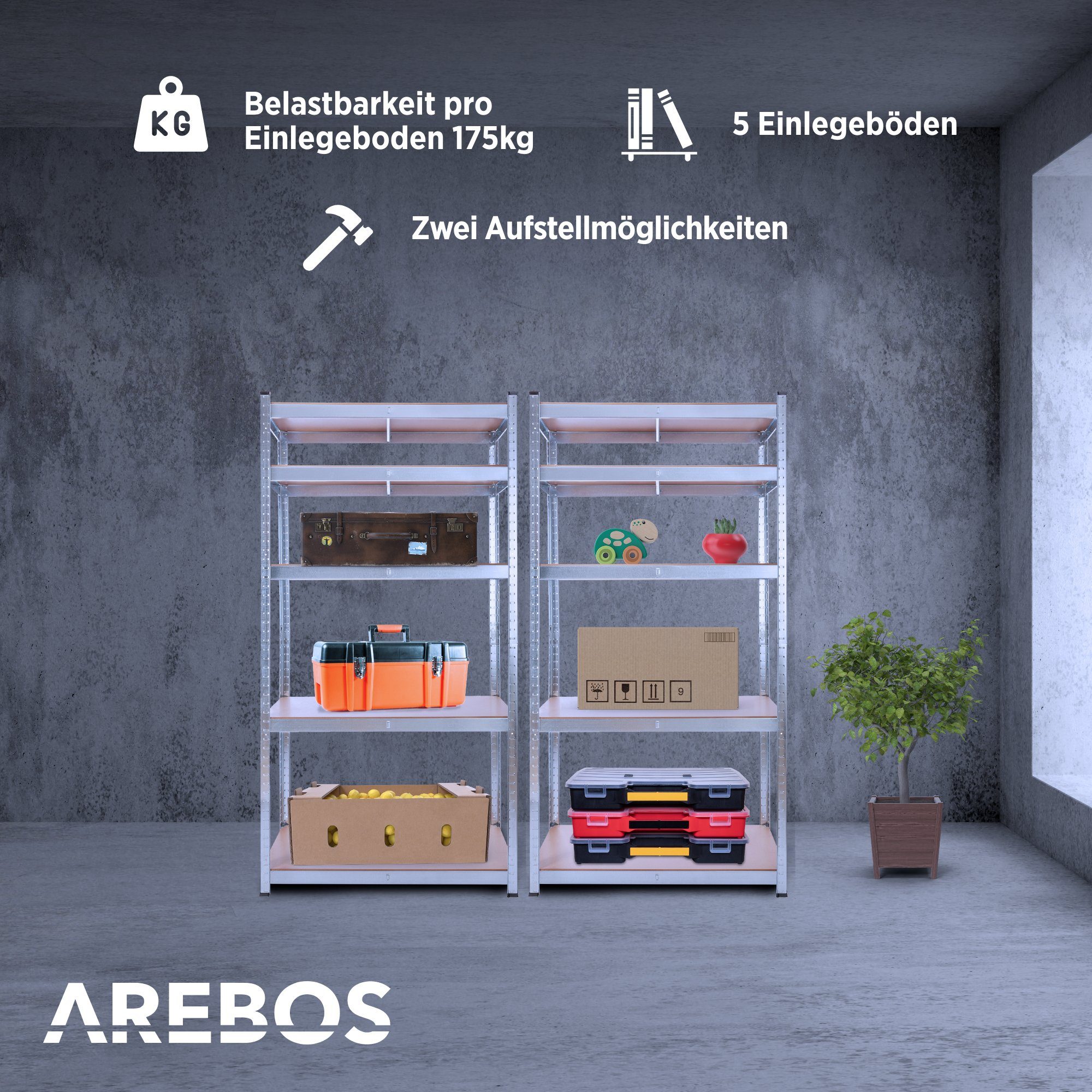 Arebos Schwerlastregal 180x90x30 cm, 5 Böden, 875 kg Traglast, Steckregal, Lagerregal, Set 2-tlg., Flexibel einsetzbar: für Werkstatt, Garage, Keller oder Lager