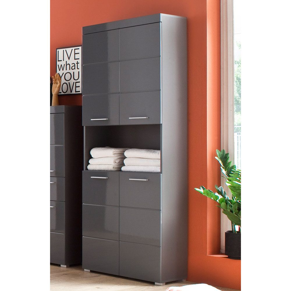 Lomadox Hochschrank ALTENA-19 Badezimmer Schrank in Grau Hochglanz, B/H/T: ca. 73/190/31 cm