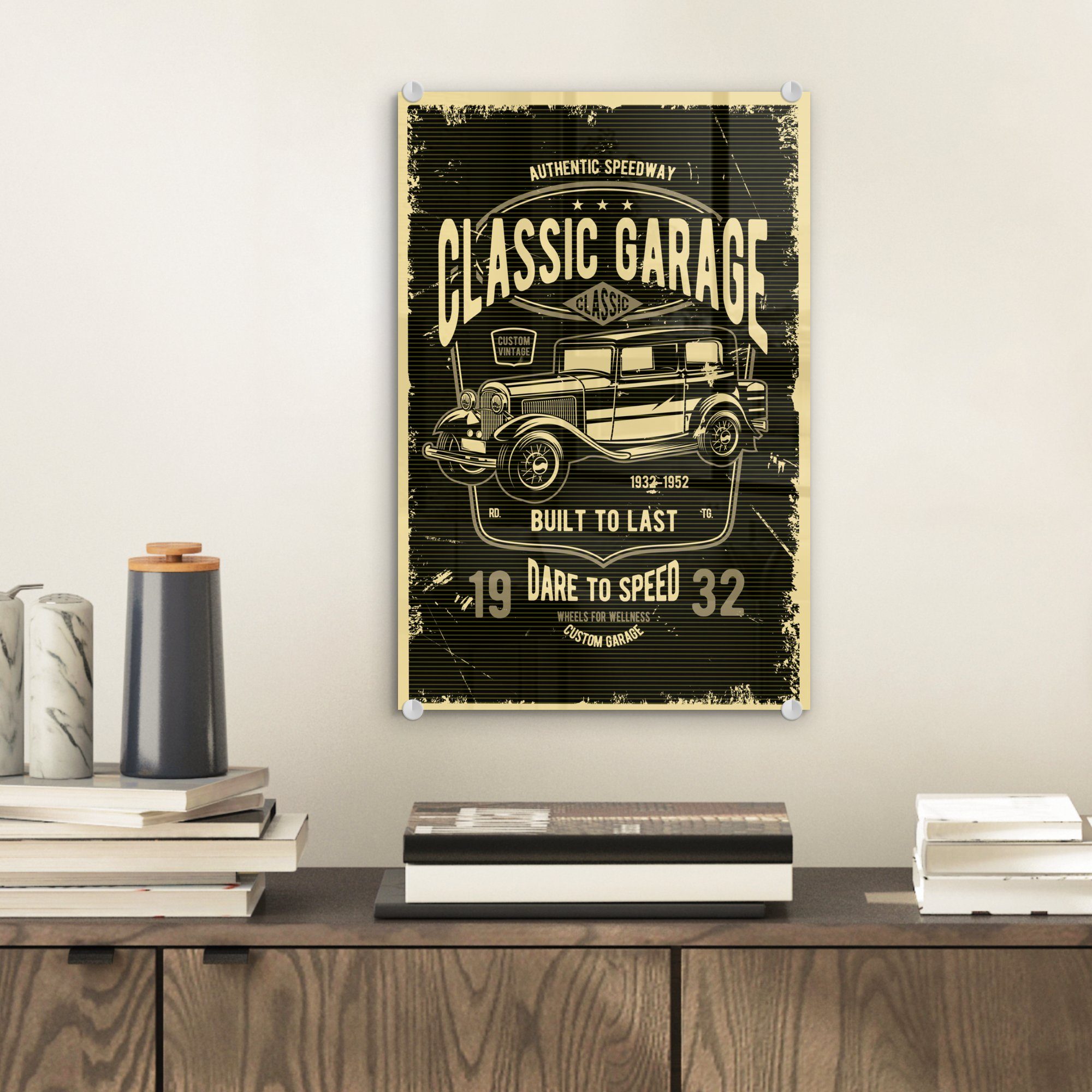 auf Mancave auf St), (1 Garage, MuchoWow - Retro Bilder Acrylglasbild Wanddekoration Glas Wandbild Auto Glas - - - - Glasbilder Foto -