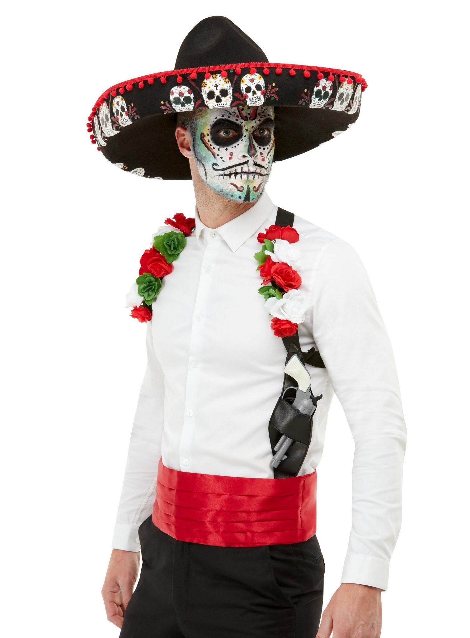 Smiffys Kostüm Tag der Toten Set, Dreiteiliges Set mit Blumenholster,  Sombrero und Schärpe