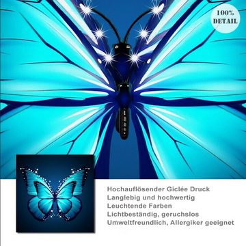 TPFLiving Kunstdruck (OHNE RAHMEN) Poster - Leinwand - Wandbild, Blauer Schmetterling und Pfau auf schwarzem Grund - (Motive in verschiedenen Größen - auch im 3-er Set erhältlich), Farben: Blau, Schwarz - Größe: 20x20cm