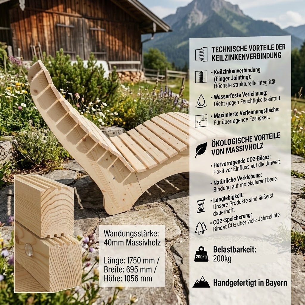 TUGA-Holztech Gartenliege Relaxliege "Ruhe-Vroni" Holzart & Größe wählbar, Breite: 70cm 80cm 90cm 100cm 120cm 140cm Höhe 58cm Fichte Lärche Zirbe