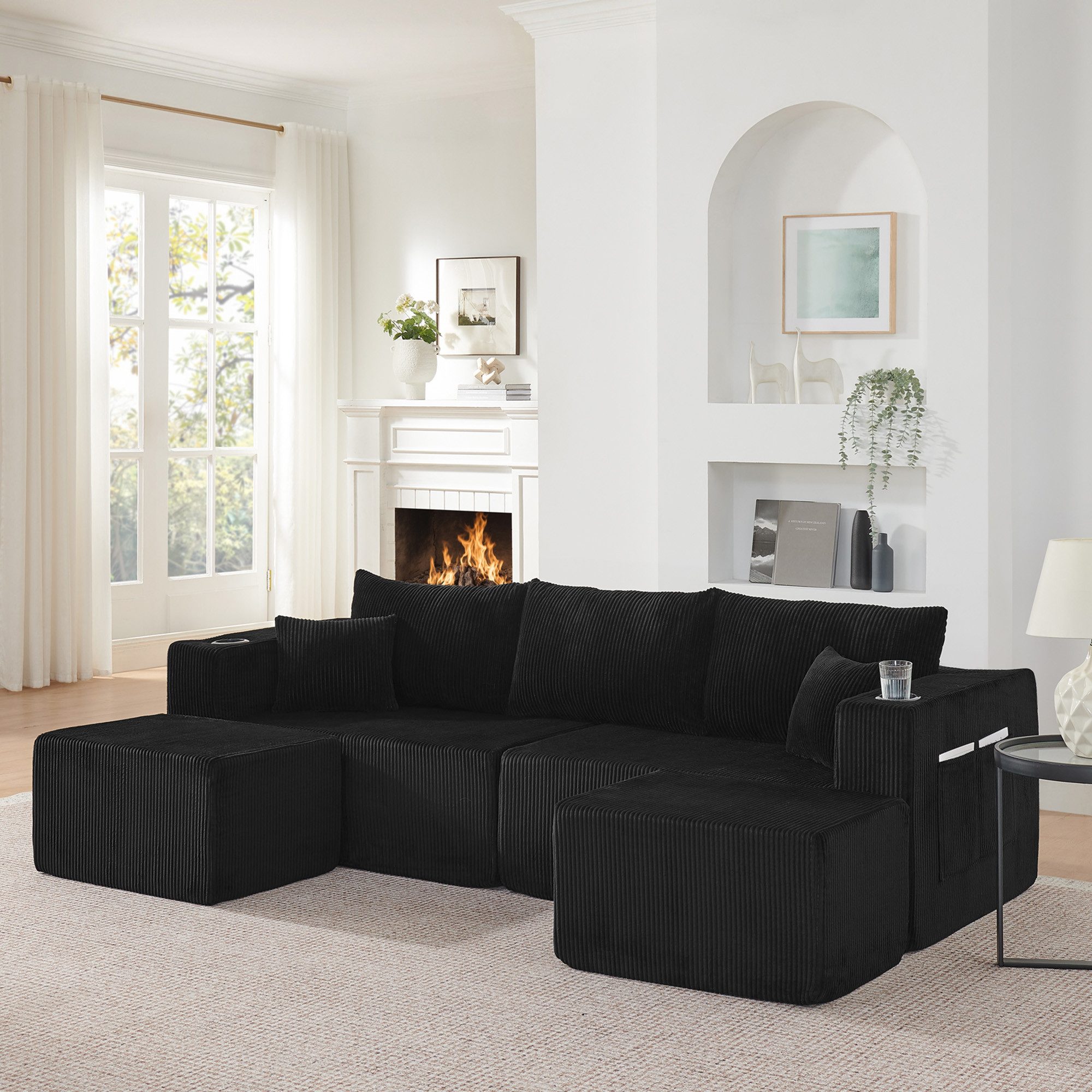 Odikalo Sofa Ecksofa mit Schlaffunktion & Ottomans, Modulares Sofa, komprimiertes L-Form Sofa mit beweglichen Ottomanen, weicher Cordstoff, Getränkehalter, Seitentasche und Kissen, geeignet für Wohnzimmer, Hotels und Mietwohnungen
