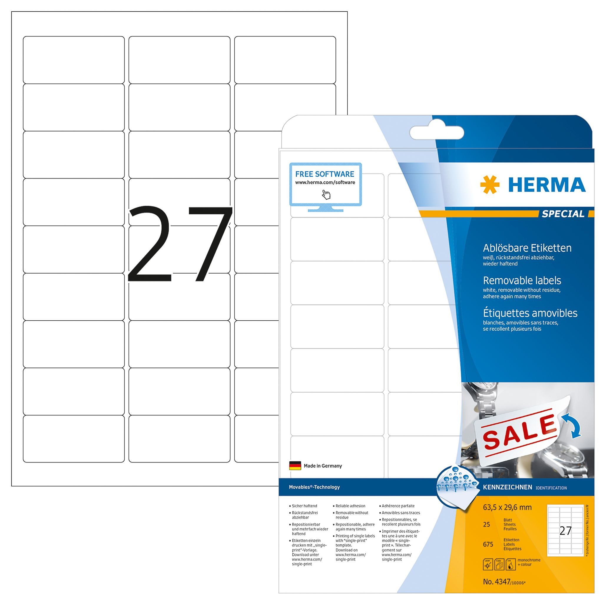 HERMA Etikettenpapier Herma Etiketten ablösbar 63,5 x 29,6 mm weiss 25 Bl 675 Etik.
