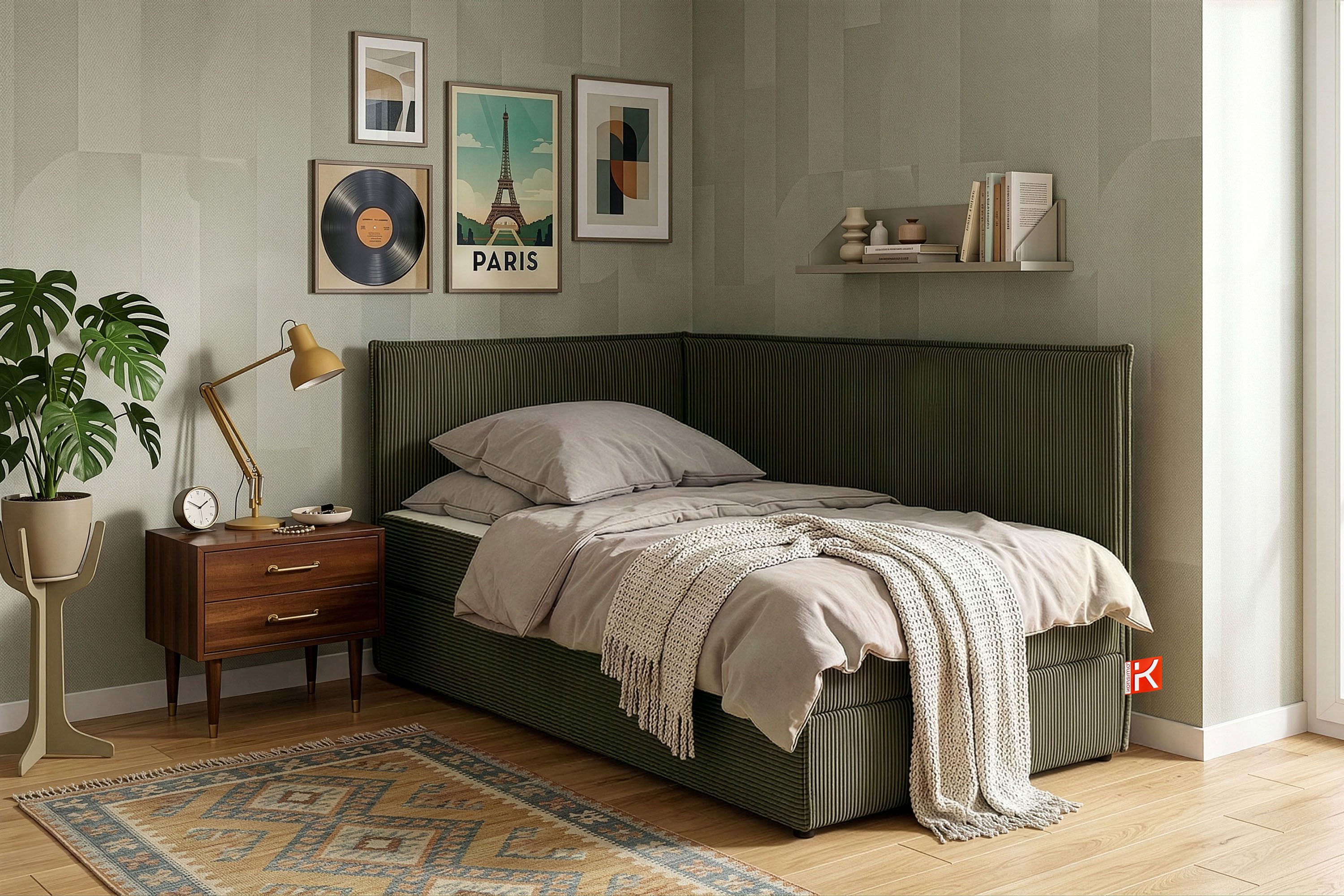 KONSIMO® Boxspringbett ROTI Daybett, Tagesbett, Jugendbett, 90 cm x 200 cm (1-Person Boxspringbett), hergestellt in der EU, inklusive Kissen, mit großem Bettkasten