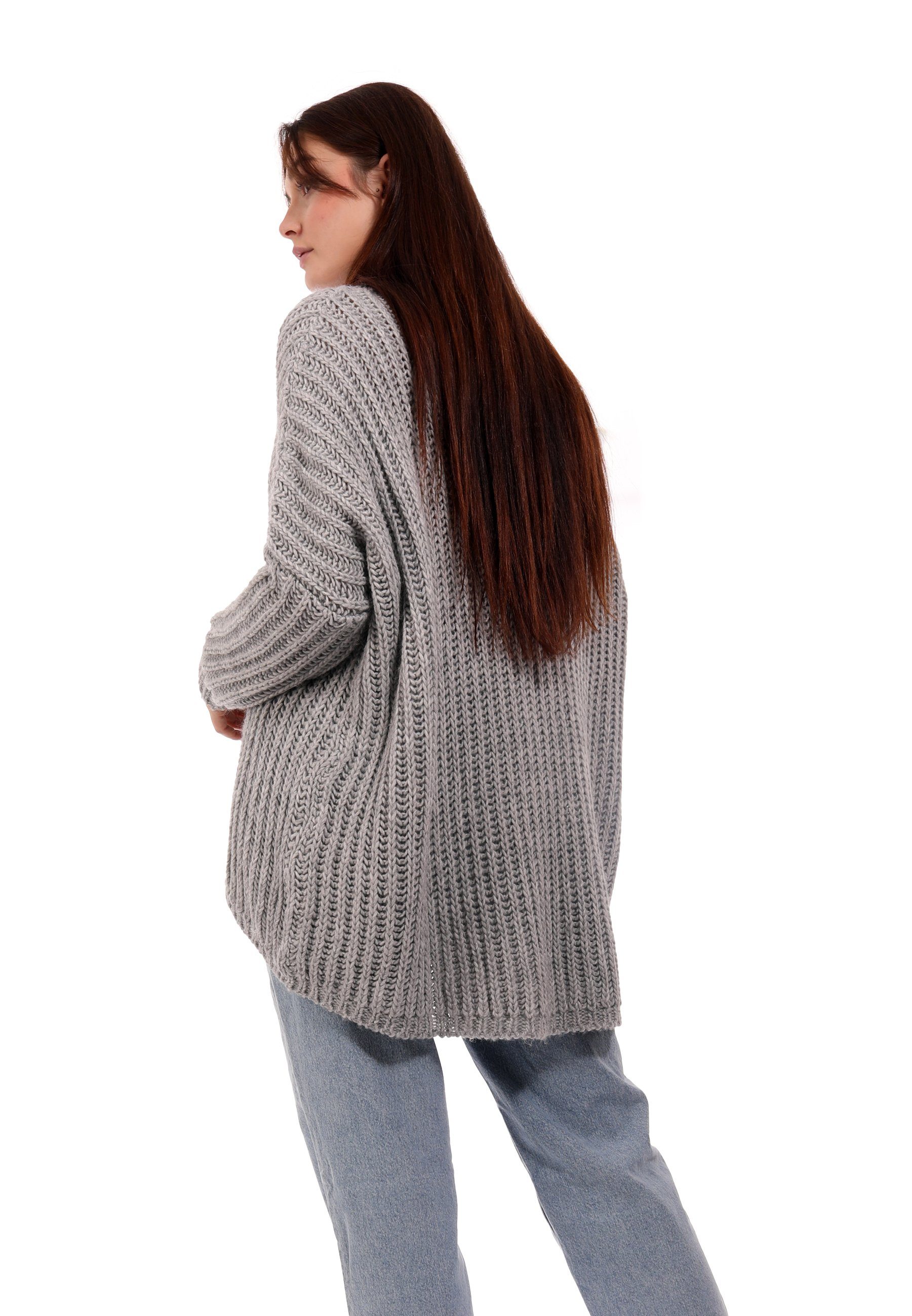 Oversized & One Size casual Fashion YC Longpullover grau Vokuhila (1-tlg) Pullover Sweater Grobstrick Style