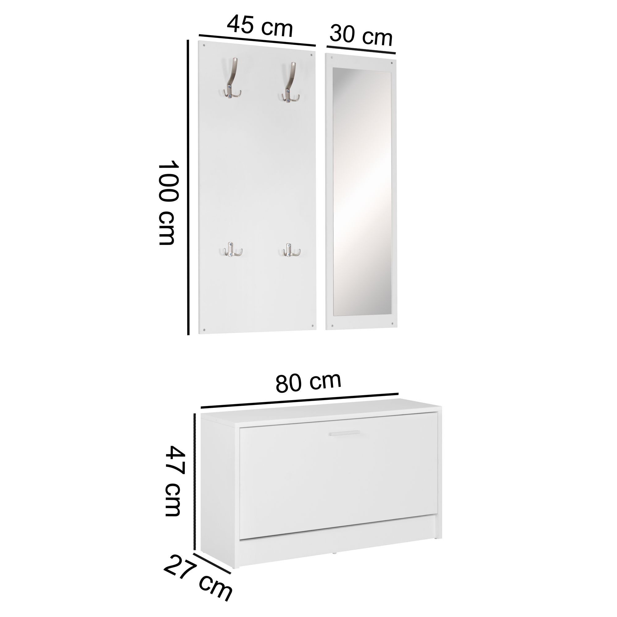 Wohnling Garderoben-Set Wandgarderobe SALERNO mit Spiegel weiß Kompaktgarderobe Flur Komplettg, (Wandgarderobe mit Spiegel & Schuhschrank Weiß, 3-St), Flur Kompaktgarderobe, Komplettgarderobe