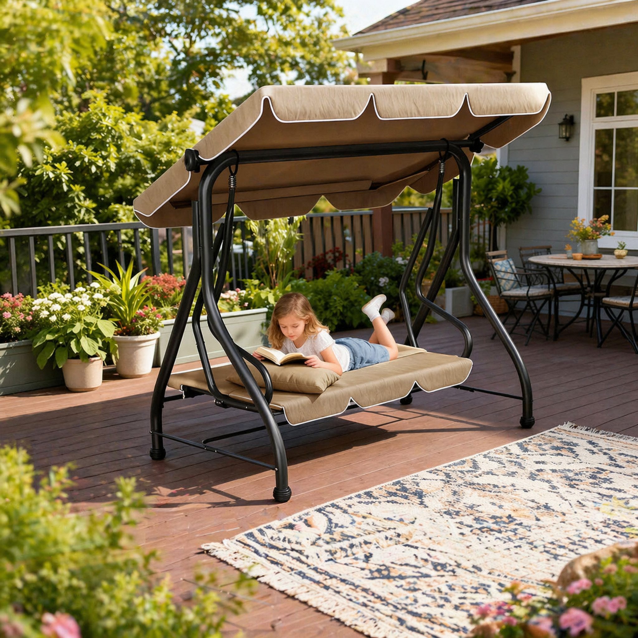 Huracan Hollywoodschaukel 3-Sitzer, Gartenschaukel mit Verstellbarem Sonnendach, 3-Sitzer, 184*119*166cm-Liegefunktion, UV-Schutz Wetterfest, Schaukelbank 220kg Belastbar