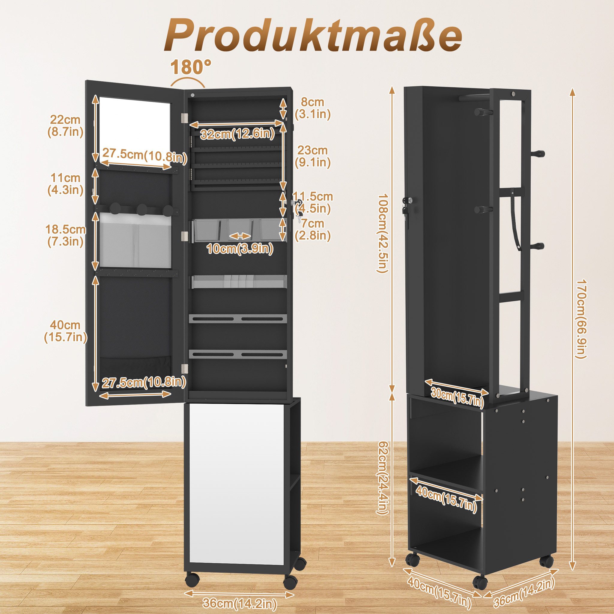 FIVMEN Schmuckschrank Spiegelschrank zur Aufhängen Hängend Abschließbar 2 in 1 Make up Spiegel Schminkschrank Mit Rollen Weiß/Schwarz