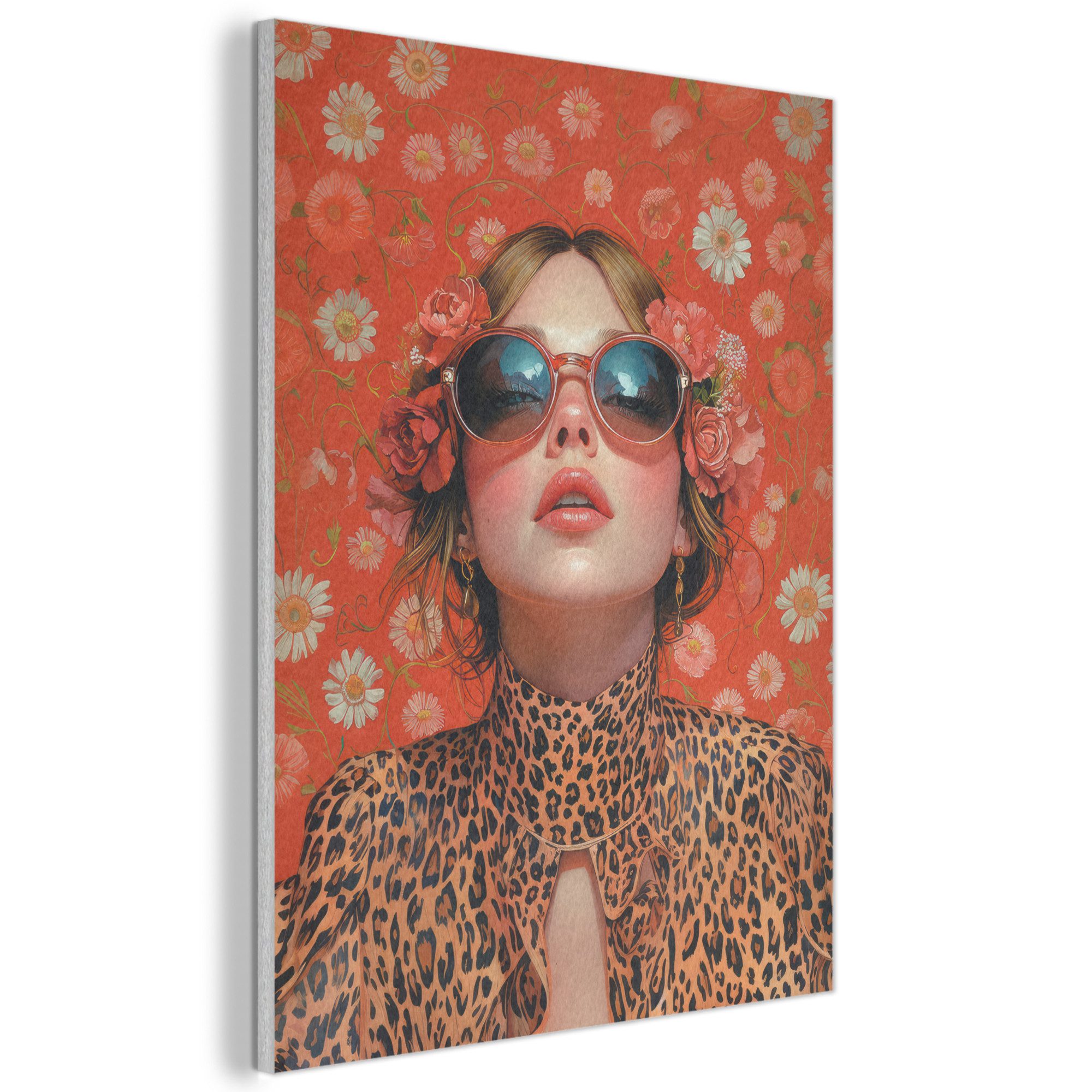 MuchoWow Gemälde Frau - Bunt - Tiermuster - Blumen, Fotodruck (1 St), Akustikpaneele, Wandpaneele, Schalldämmung, Akustikbilder 30x40 cm