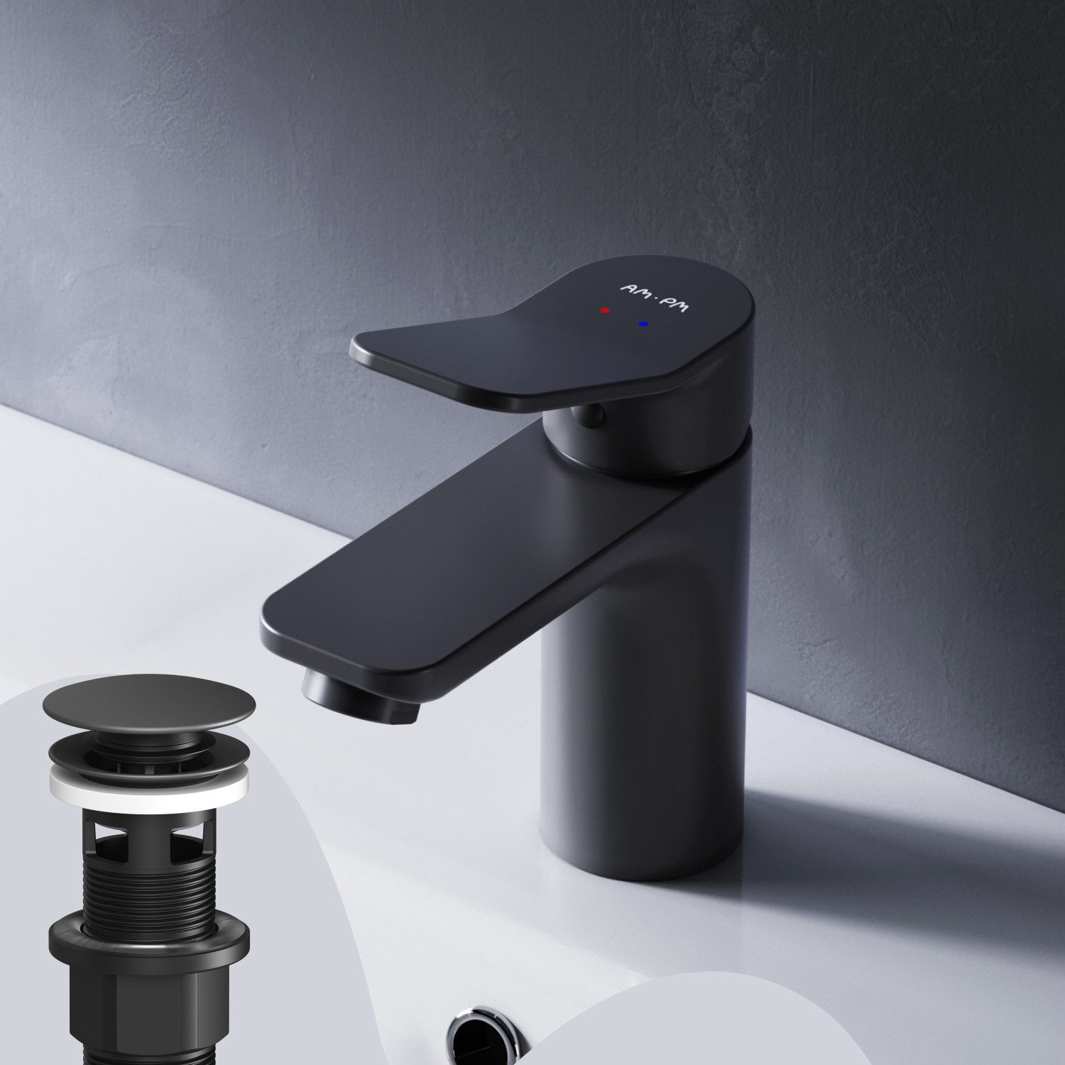 AM.PM Waschtischarmatur Badarmatur X-JOY Bad-Armatur mit Klick-Ablaufgarnitur Wasserhahn (Waschbeckenarmatur Mischarmatur, Mischbatterie inkl. 2 x G 3/8-Anschluss, Farbe: Schwarz) Einhebelmischer für warmes und kaltes Wasser