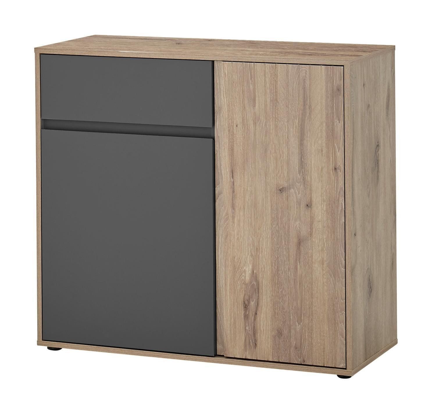 Bega Consult Kommode NOVARA, Viking Eiche Dekor, Grau Matt, 2 Türen, 1 Schublade mit Soft-Close-Funktion, B 94 x H 85 x T 38 cm