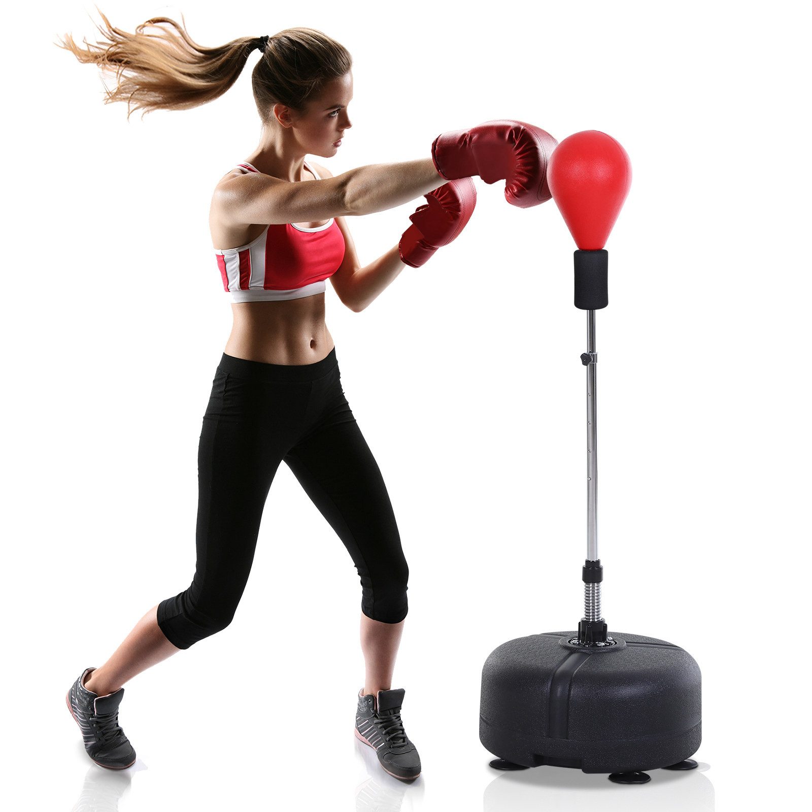 HOMCOM Punchingball 136-154 cm höhenverstellbar, für Jugendliche und Erwachsene (Boxsack mit Ständer, 1-tlg., Standboxball mit Boxhandschuhen), für Ausrüstung, Stressabbau, Fitness, Rot